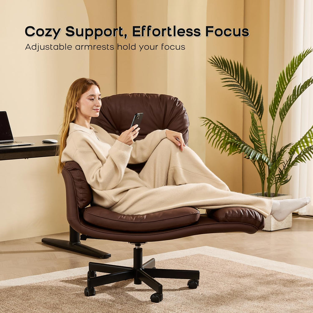 amseatec Criss Cross Chair with Armrests & Wheels for Cross-Legged Sitting, Comfortable Adjustable Swivel Office Desk Chair –PU Leather Vanity Chair for Home, Makeup and Bedroom (Brown)