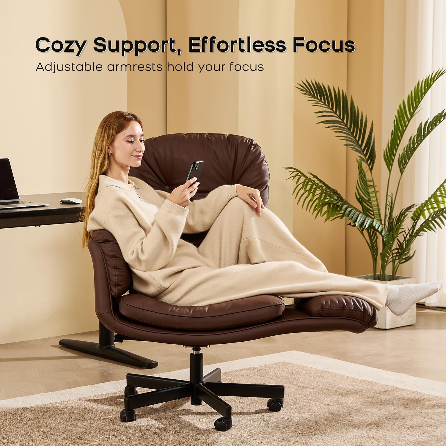 amseatec Criss Cross Chair with Armrests & Wheels for Cross-Legged Sitting, Comfortable Adjustable Swivel Office Desk Chair –PU Leather Vanity Chair for Home, Makeup and Bedroom (Brown)