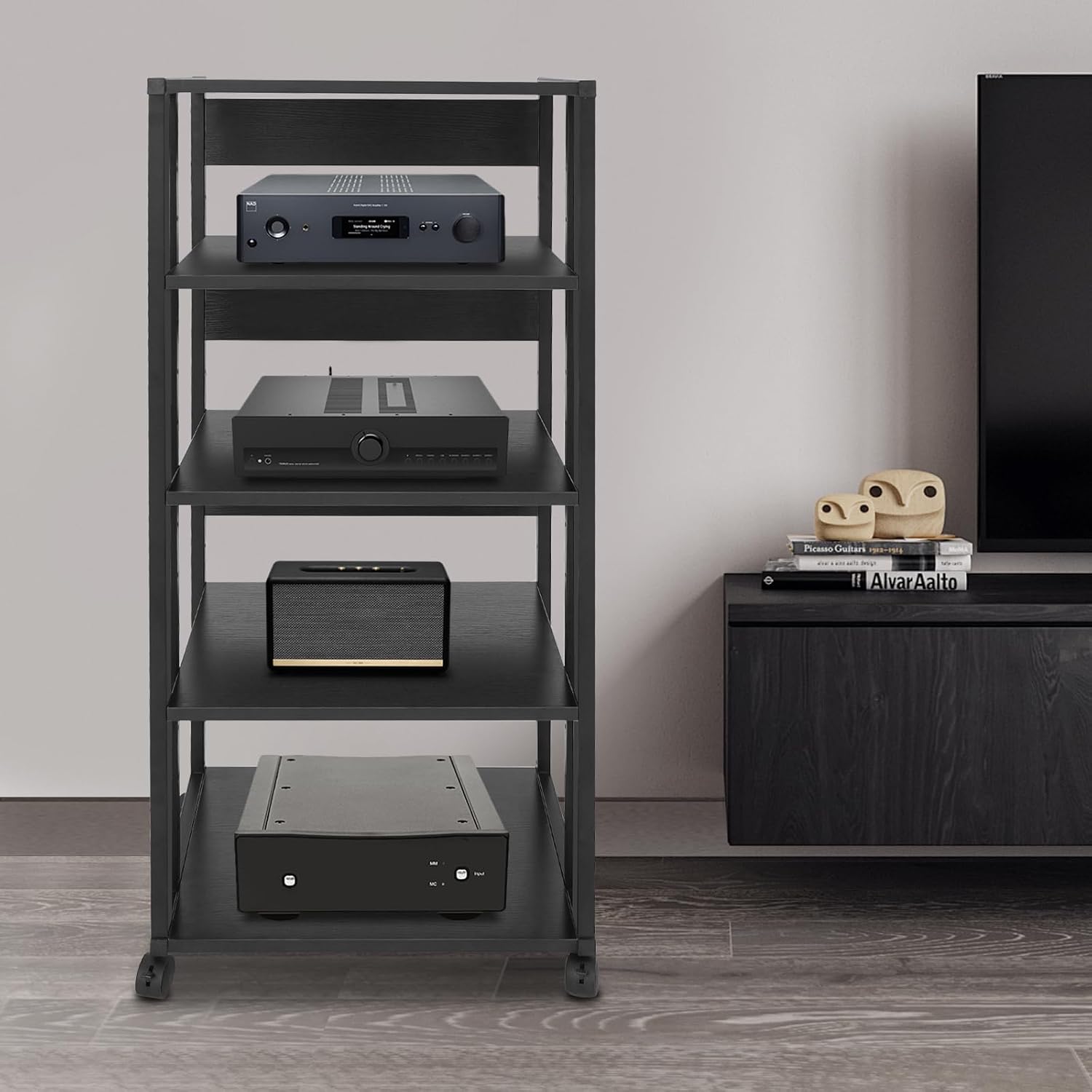 5-Tier Media Stand, Audio Rack Tower Stereo Cabinet with Wheels, CD Record Player Stand Speaker Display Rack with Adjustable Wooden Shelf for Home Theater Studio (Black)