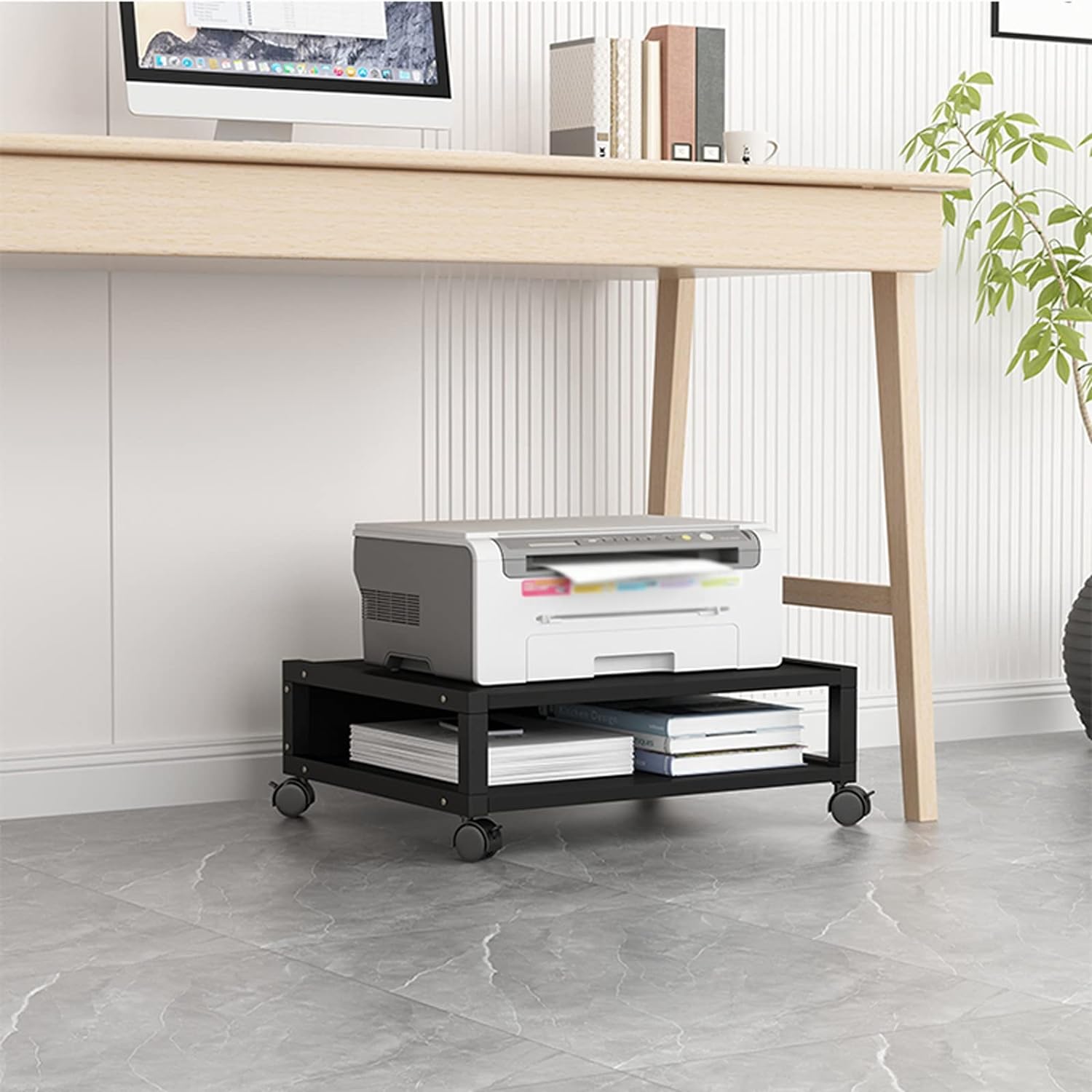 Office Rolling Under Desk Printer Stand Office Movable with 4 Wheels & Lock Mechanism Small and Short Shelf for Mini 3D, Black Printer Table