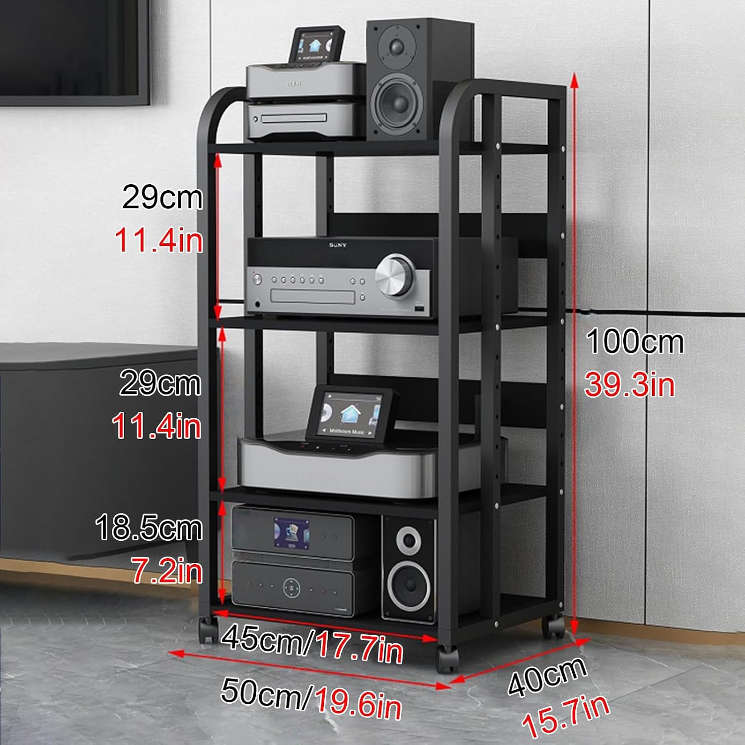 WDJBPSH Mobile Audio Media Rack on Wheels, Portable Video Entertainment Equipment Storage Holder with Height-Adjustable Shelf, Office Bedroom Living Room Organizer(Size:4 Tier/H 100cm -no Drawer)