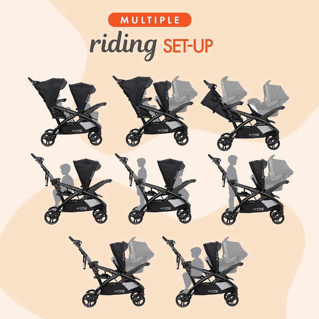 Baby Trend Double Stroller with Canopy Visors, Storage Basket and 2 Cup Holders, Sit N' Stand 2.0 DLX, Stormy – Foldable Infant and Toddler Tandem Stroller and Travel System