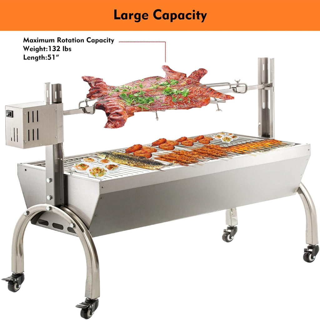 DEWOSEN 50W Rotisserie Grill Roaster 51 Inch BBQ Outdoor Small Pig Lamb Rotisserie Roaster 132LBS/60KG Stainless Steel Charcoal Spit Rotisserie Roaster Grill Great for Camping Outdoor Barbecue
