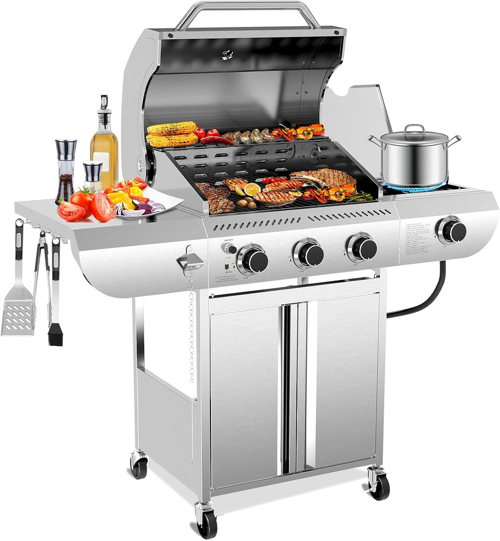 R.W.FLAME 3-Burner Propane Gas Grill With Sider Burner, 34,000BTU Stainless Steel BBQ Grill, Cast Iron Grates&Pullout Oil Drip Tray, Barbecue Grill with Casters for Outdoor Backyard&Patio