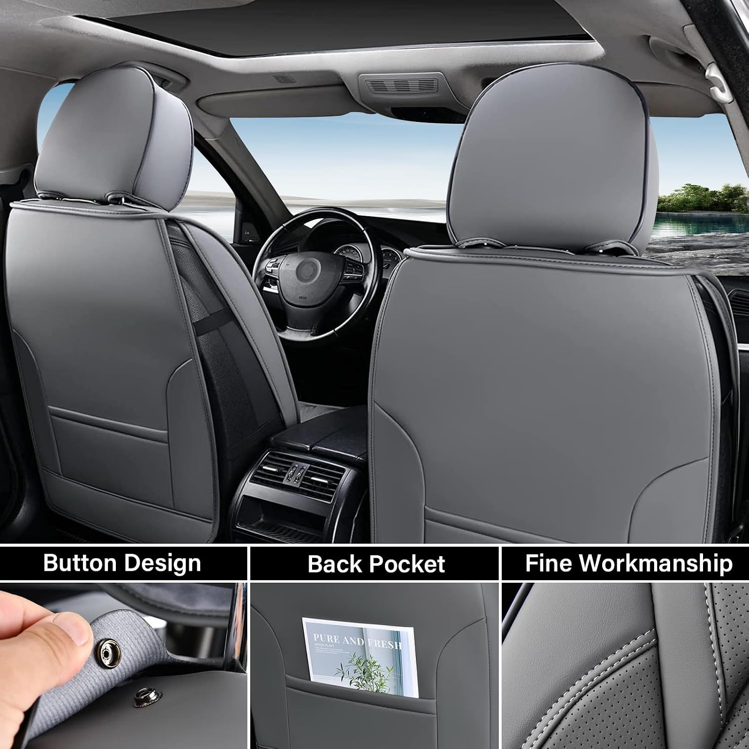 Coverado Car Seat Covers Full Set, Leather Ford F150 Seat Covers Fit for 2015-2026 F150 and 2017-2026 F250 F350 F450 Super Duty Crew Cab XL XLT Lariat King Ranch Platinum (Gray)