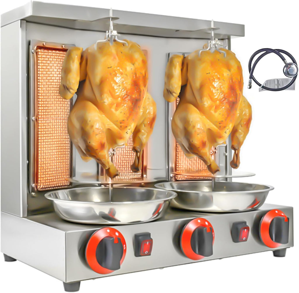 Shawarma Machine 3 Burners Kebab Grill Vertical Rotisserie with 2 Auto Spinning spits for Meat Rotisserie, Chicken Roast, Silver