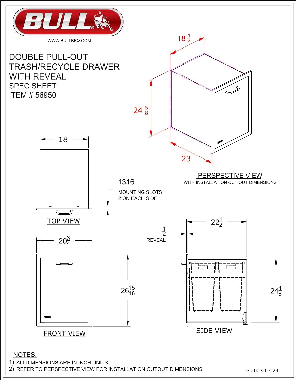 Bull Outdoor Products Complete Outdoor Kitchen Bundle – Brahma 90,000 BTU Built-In Grill Head, Grill Cover, Trash & Recycle Drawer, 38' Door/Drawer Combo, Glass Door & Contemporary Refrigerator – LP