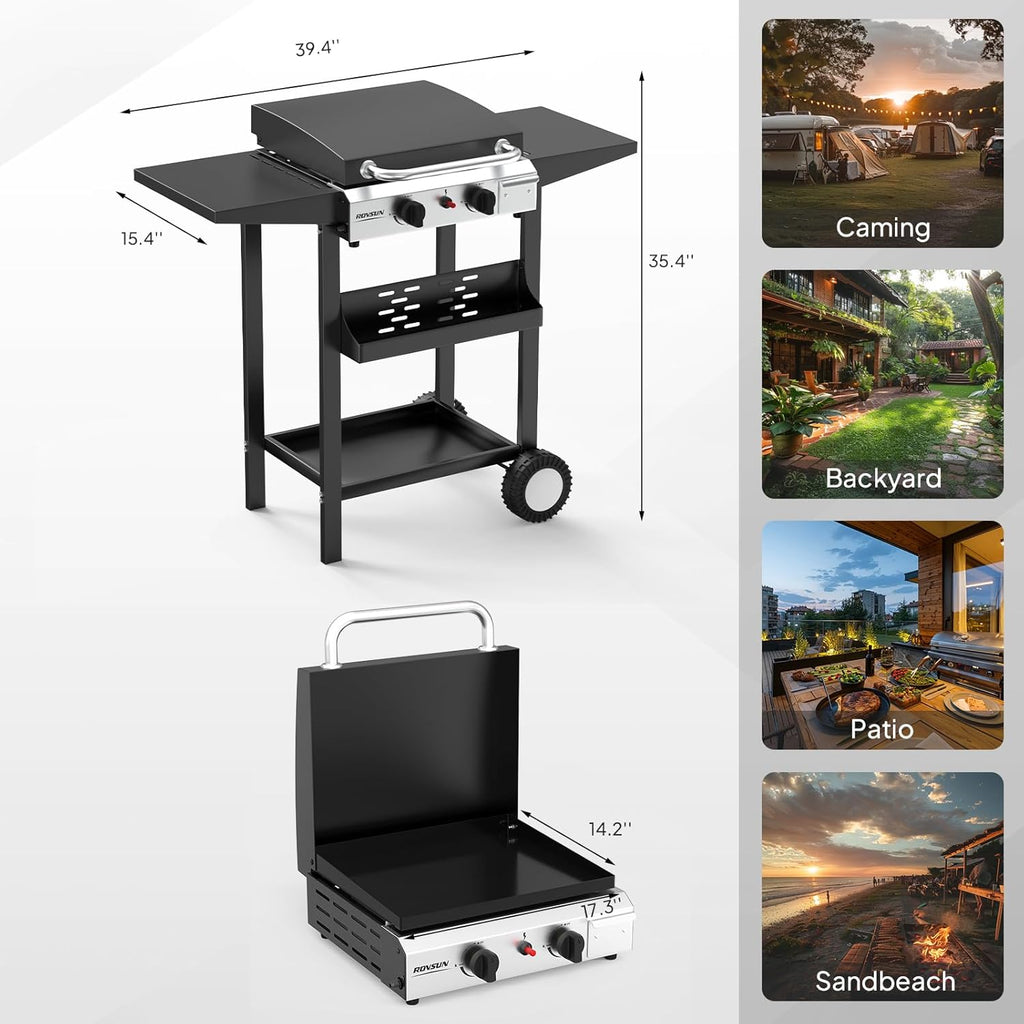 ROVSUN 2 Burner Portable Propane Griddle with Enameled Tray & Lid, 20000 BTU Rolling Flat Top Gas Grill with Electronic Ignition, Side Shelves & Regulator for Outdoor Cooking Camping BBQ Tailgating