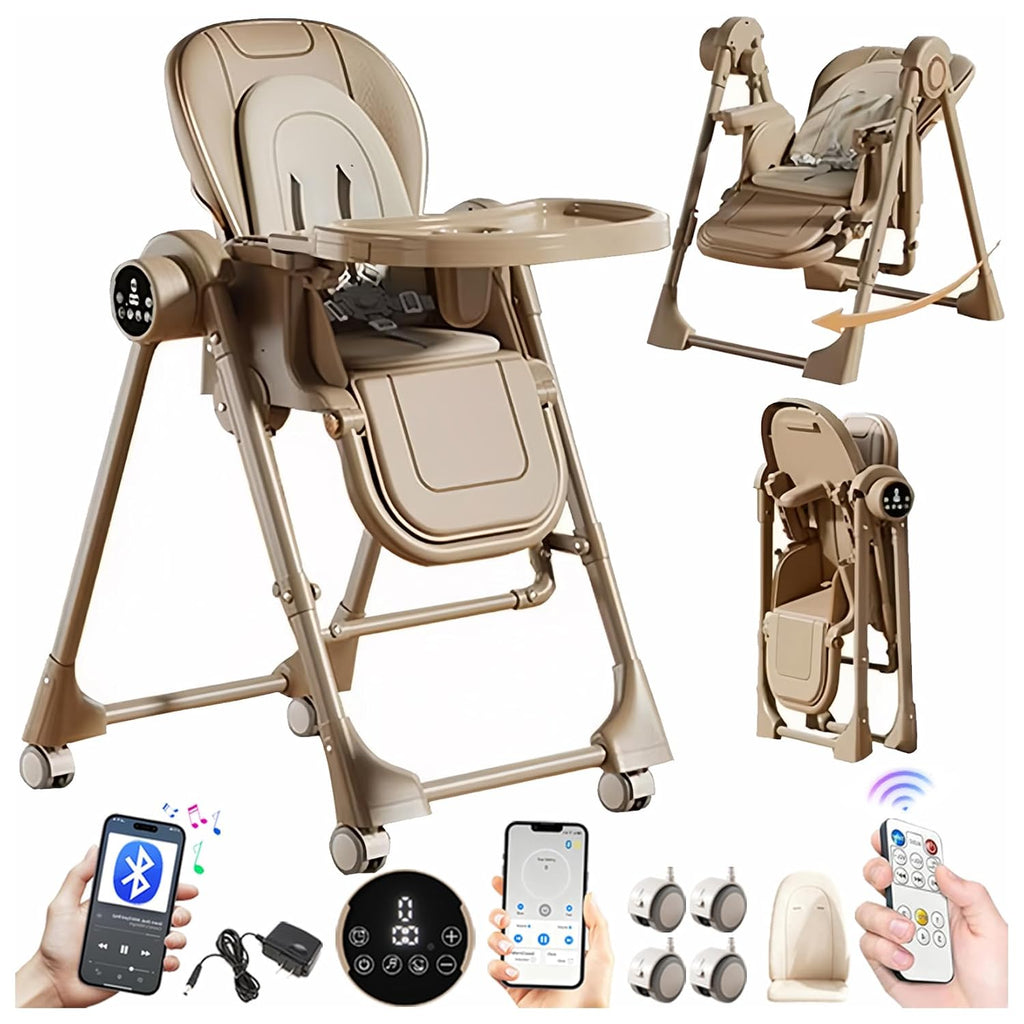 Nine point nine Electric Bluetooth Smart PU Leather Baby High Chair with Swinging Function, High Chairs for Babies and Toddlers, Removable Double Tray Baby Seat Feeding Chairs (E8121 Khaki)