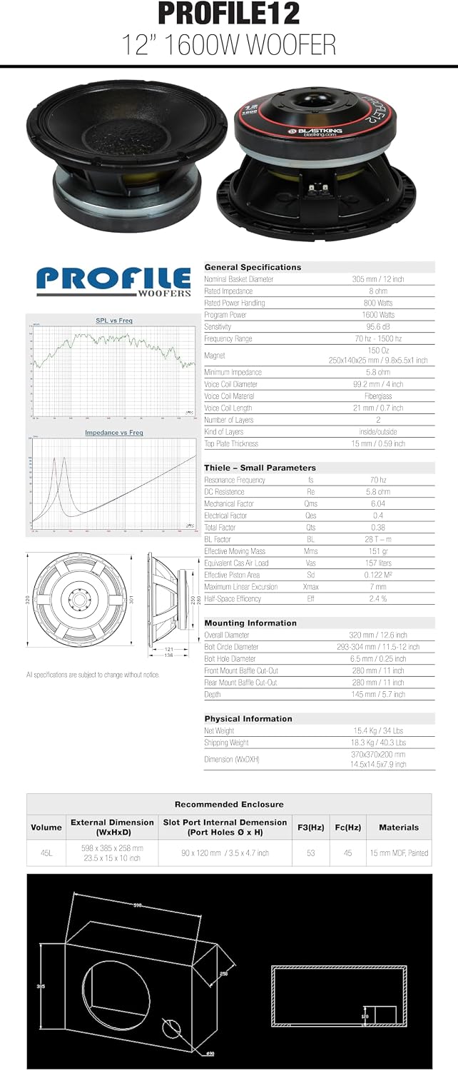 Blastking PROFILE12 12' 1600W High Output Woofer – 800W RMS, 4' Voice Coil, 8 Ω, 95.6 dB, Forced-Air Cooling – Pro Audio Driver for Reflex or Horn Cabinets