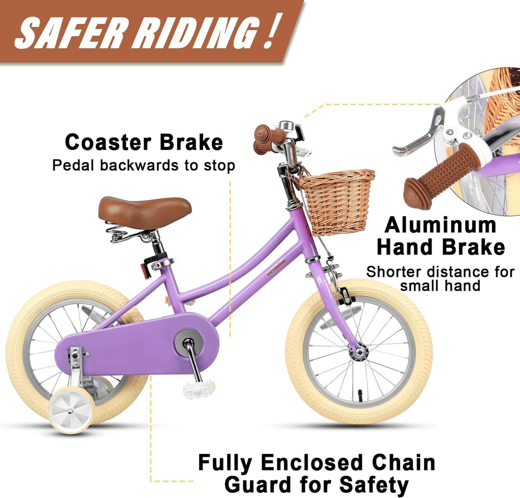 Petimini Vintage Kids Bike for Girls, 12–20 Inch Classic Bicycle with Wicker Basket & Bell, High Tensile Steel Frame, Training Wheels (12–18'), 85% Pre-Assembled, Retro Bike for Outdoor Riding
