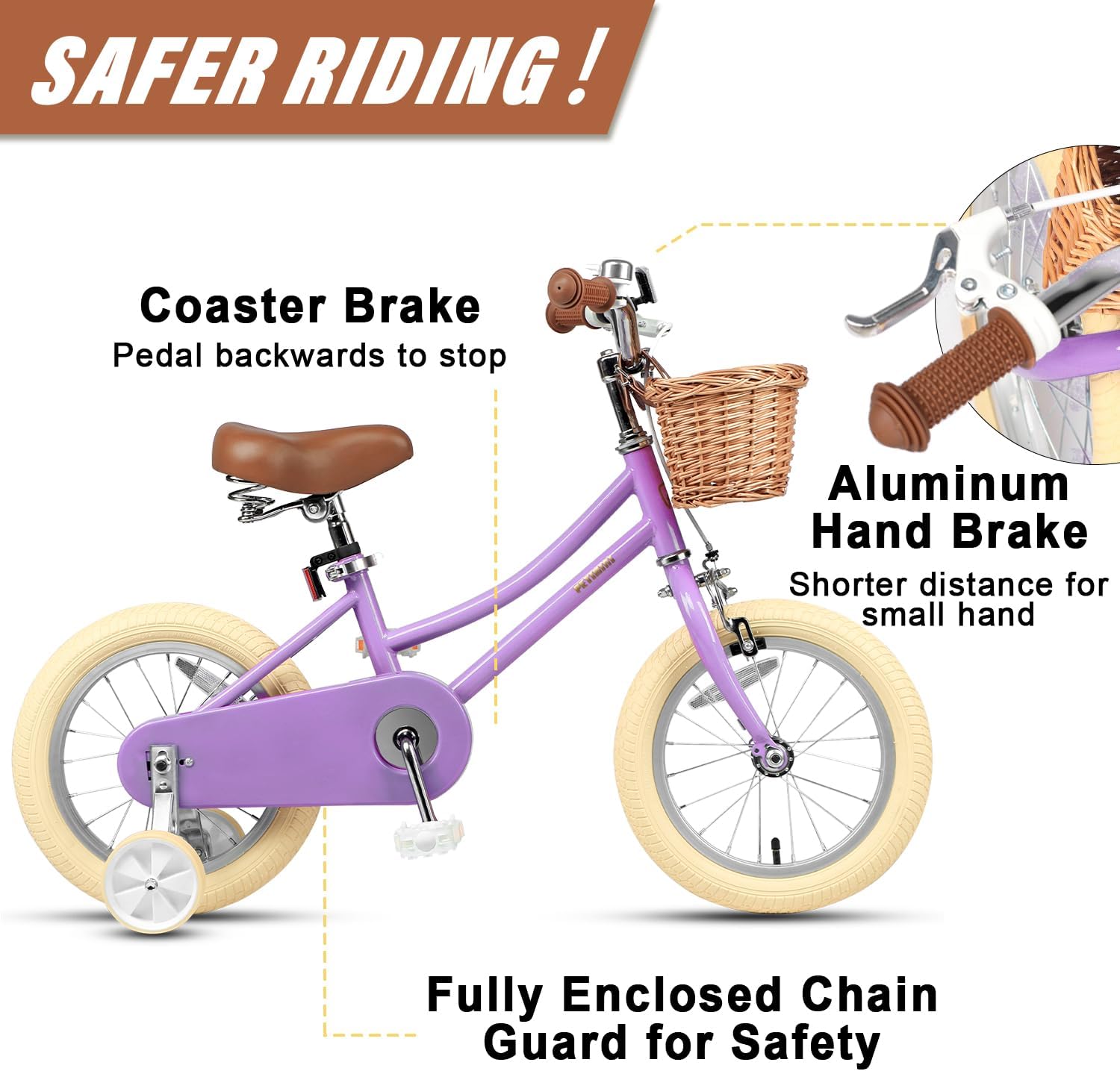 Petimini Vintage Kids Bike for Girls, 12–20 Inch Classic Bicycle with Wicker Basket & Bell, High Tensile Steel Frame, Training Wheels (12–18'), 85% Pre-Assembled, Retro Bike for Outdoor Riding