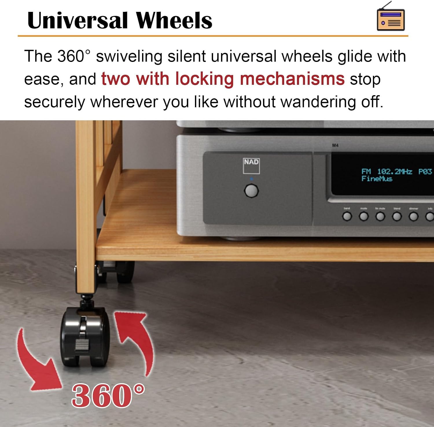 Large Capacity Vintage Stereo Console/AV Cabinet, 5-Tier Adjustable Speaker Stand/Electronics Equipment Shelf, Audio Component Rack with Wheels(Color:Light Brown,Size:55cm/21.7in)