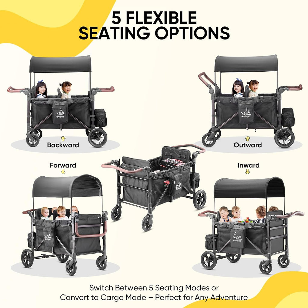 Rovique Wagon Stroller 4 Seater – Includes Adjustable Canopy,Convertible Seats, Snack Tray, Parent Organizer, 5-Point Harness, Push/Pull Adjustable Handle