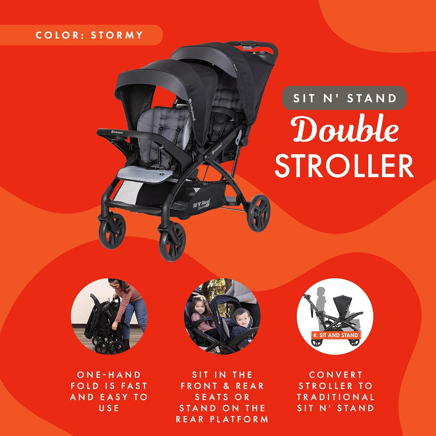 Baby Trend Double Stroller with Canopy Visors, Storage Basket and 2 Cup Holders, Sit N' Stand 2.0 DLX, Stormy – Foldable Infant and Toddler Tandem Stroller and Travel System