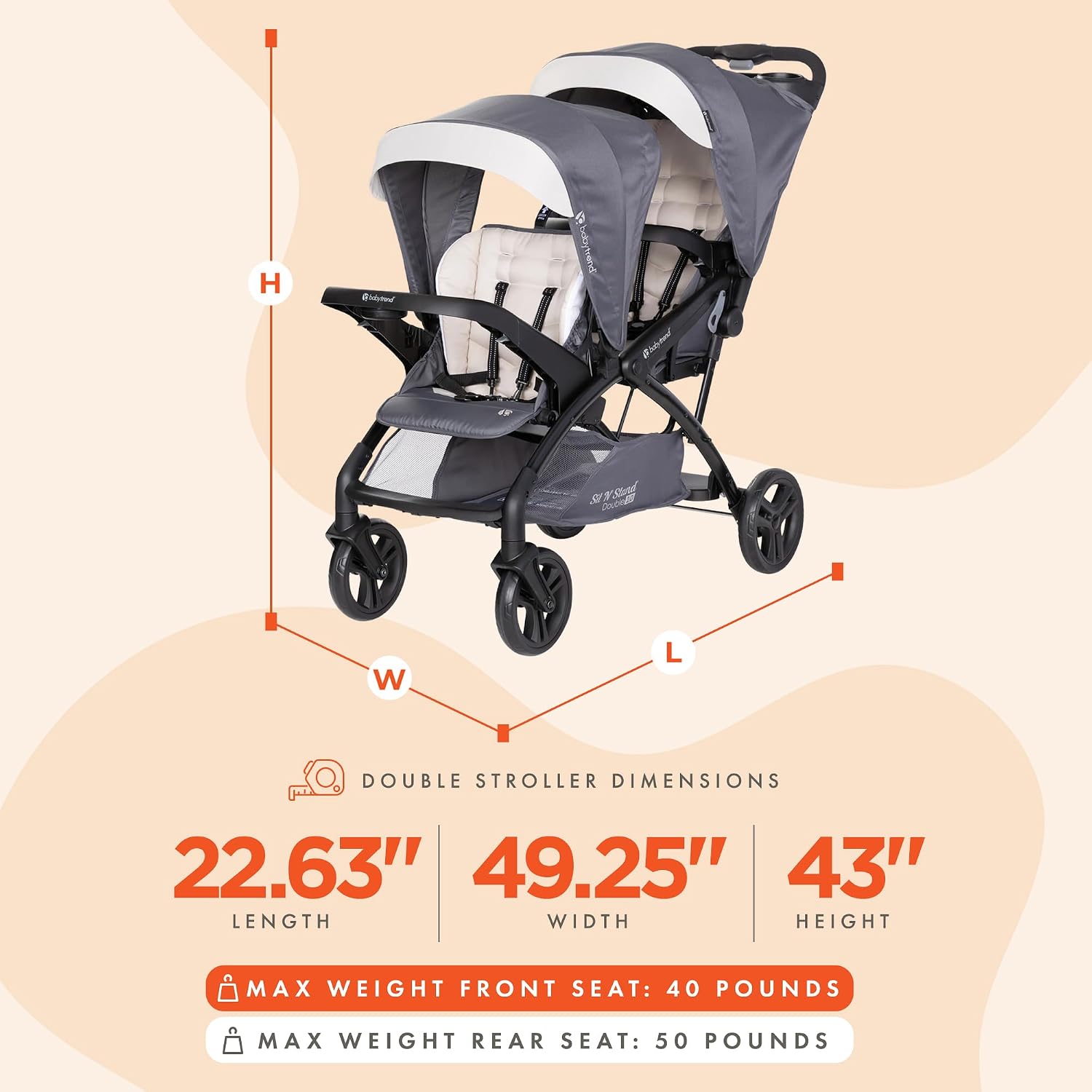 Baby Trend Sit N' Stand Tandem Double Stroller 2.0 DLX with 5 Point Safety Harness, Shaded Canopy, 2 Cup Holders, and Ample Storage Space, Magnolia