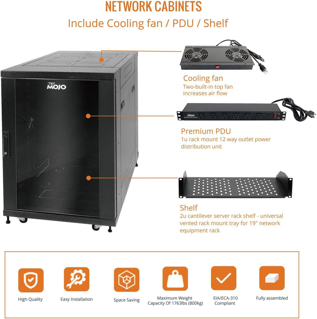 Tecmojo Fully Assembled 18U Network Cabinet AV Rack Black Equipment Rack Enclosure with Casters/Locking Doors with Dual Fan, PDU and Cantilever Shelf Installed (23.6inch DEEP Glass Door)