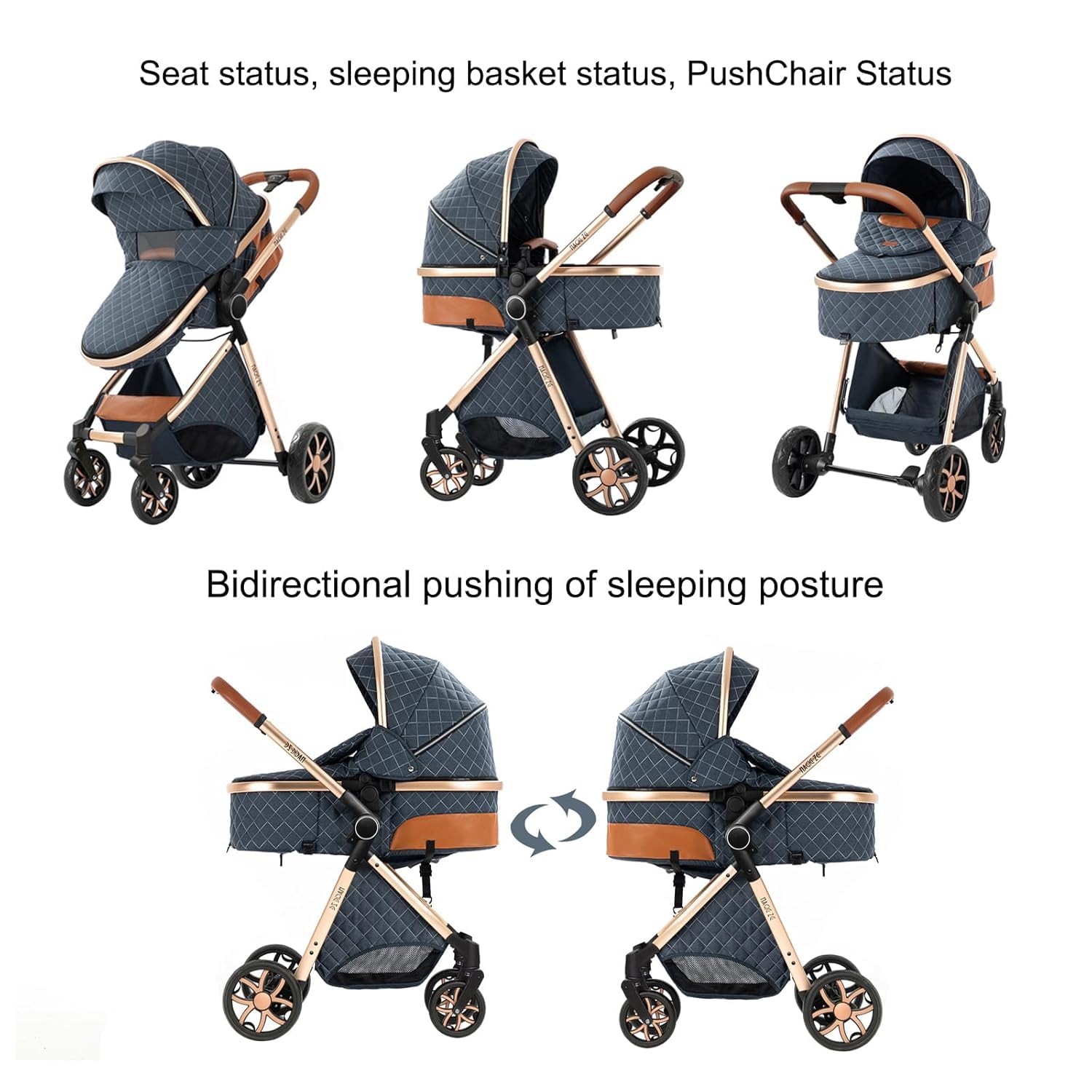 Convertible Baby Stroller:Full-Size Reversible Bassinet & Toddler Seat,Foldable Design with UPF 50+ Canopy,Bug Shield,Rain Shield,All-Weather Storage – Newborn to 36 Months(Black&Gold)