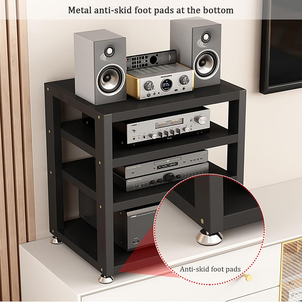 Modern Audio Rack - Black AV Media Stand with 3 Tiers, Spacious Storage Shelf for Stereo Equipment, Sturdy Steel Frame, Foot Pads, 40x35x35.5CM - Stylish Media Storage Solution