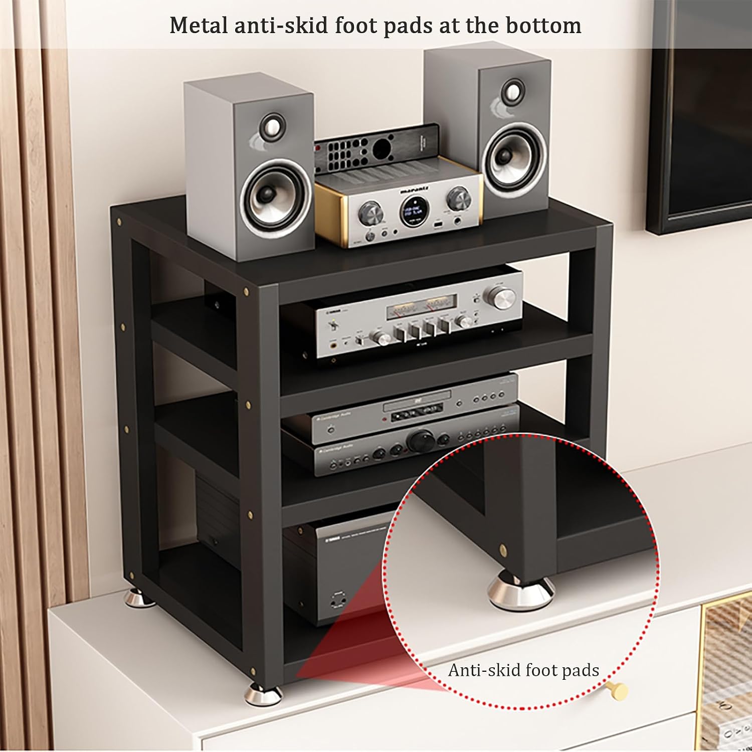 Modern Audio Rack - Black AV Media Stand with 3 Tiers, Spacious Storage Shelf for Stereo Equipment, Sturdy Steel Frame, Foot Pads, 40x35x35.5CM - Stylish Media Storage Solution