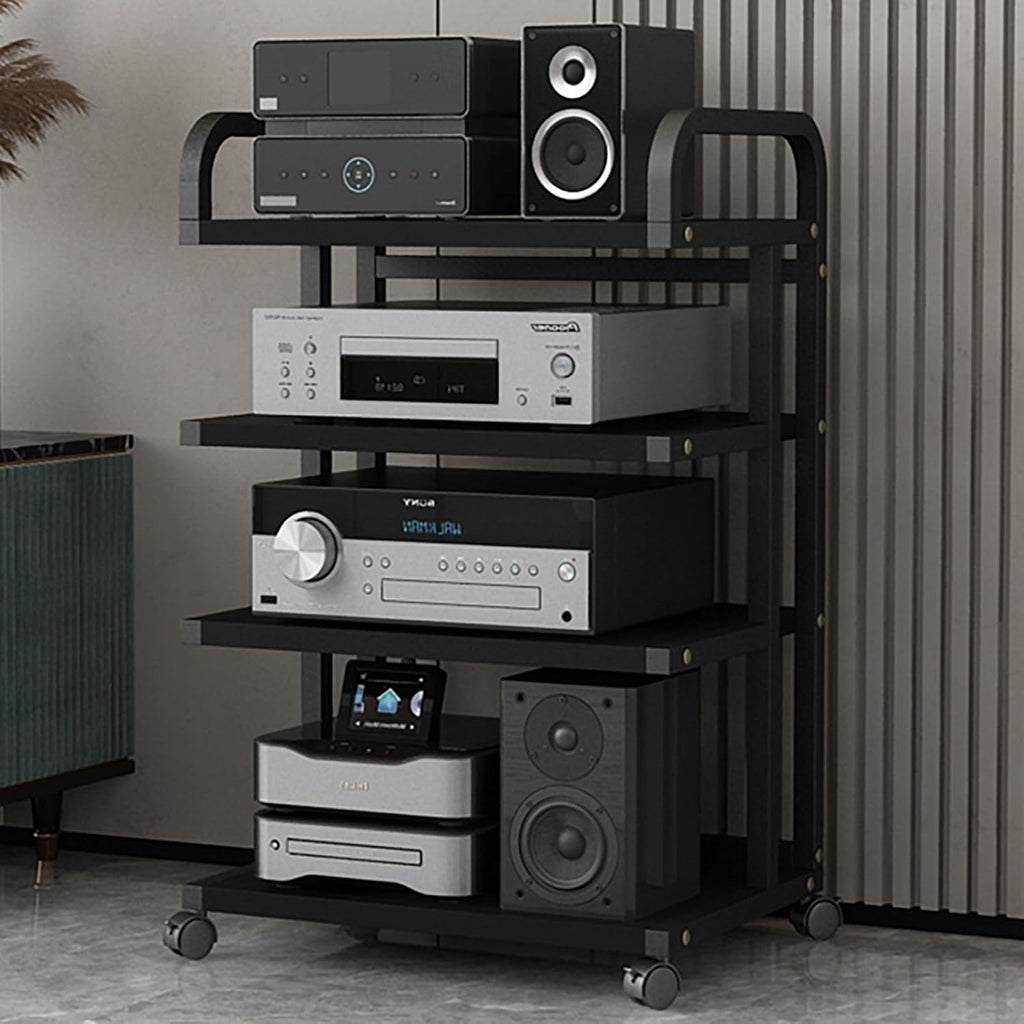 Multimedia HiFi Equipment Stand with Wheels, 4-Tier Stereo Component Storage Rack, Adjustable Audio Shelf, Carbon Steel Support for Living Room & Bedroom (H90CM/35IN)