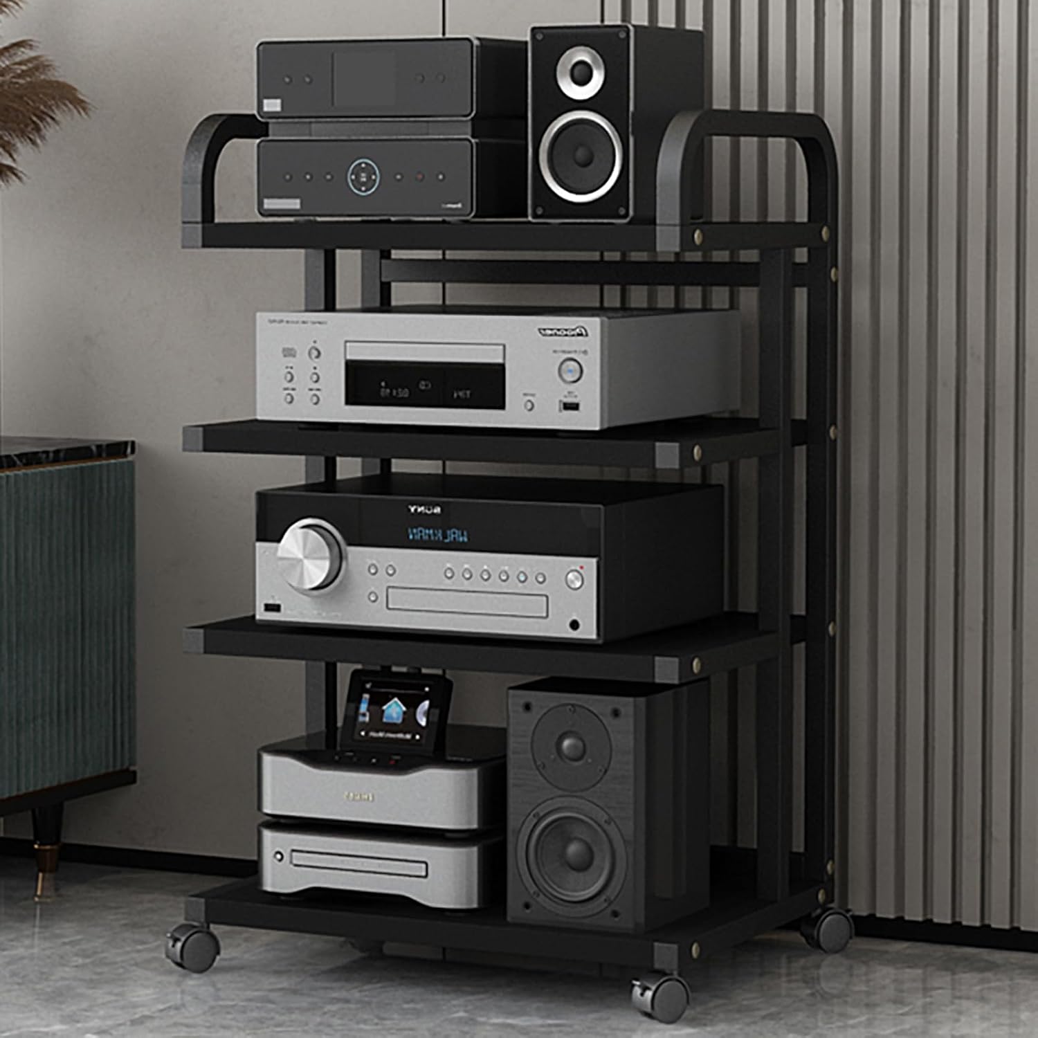 Multimedia HiFi Equipment Stand with Wheels, 4-Tier Stereo Component Storage Rack, Adjustable Audio Shelf, Carbon Steel Support for Living Room & Bedroom (H90CM/35IN)
