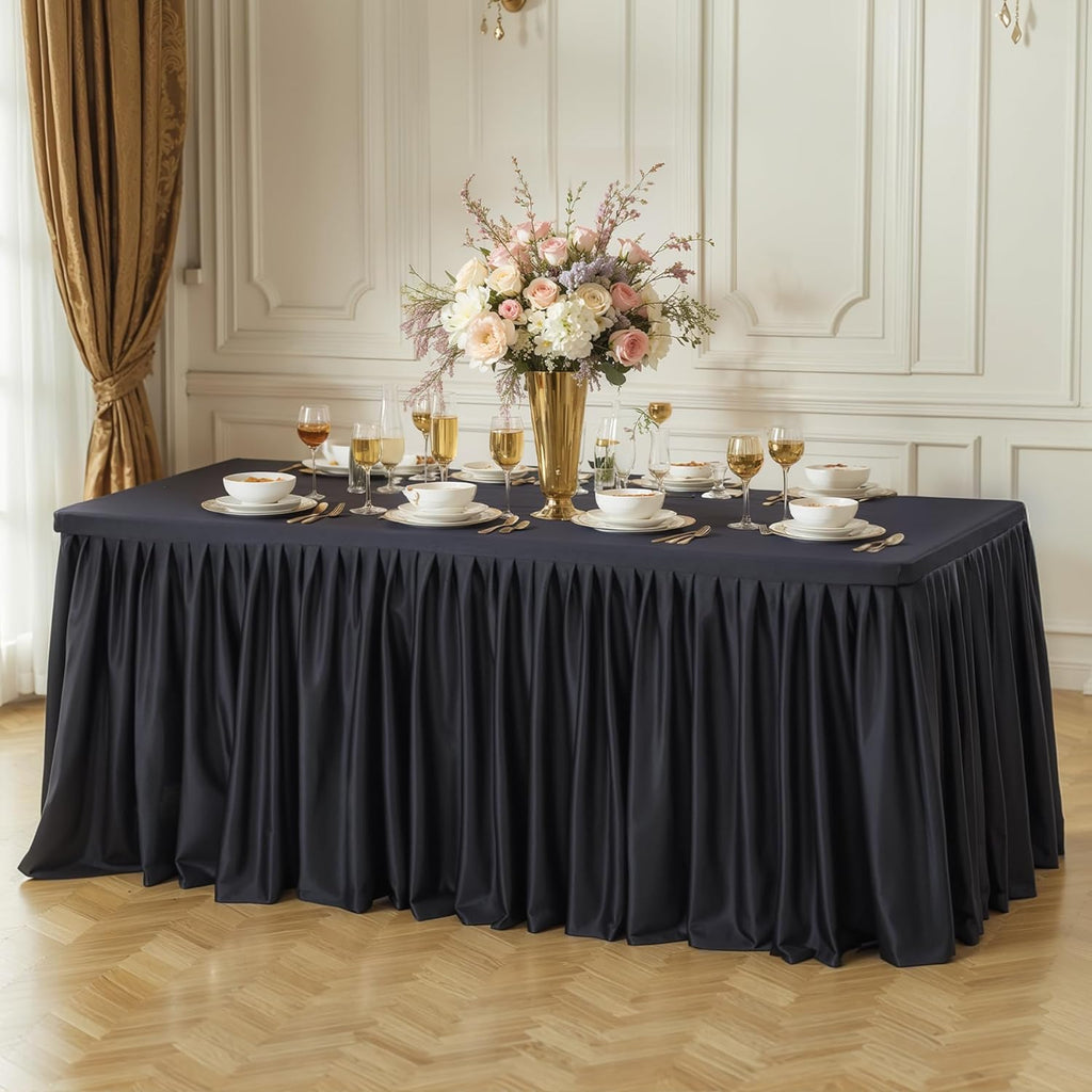 PARTISKY 6 Pack Black Tablecloths for Rectangle Tables 8ft, Wrinkle Resistant Black Table Cover Fitted Stretch Table Cloth with Pleated Ruffle Skirts for Party Banquet Dining Birthday Wedding