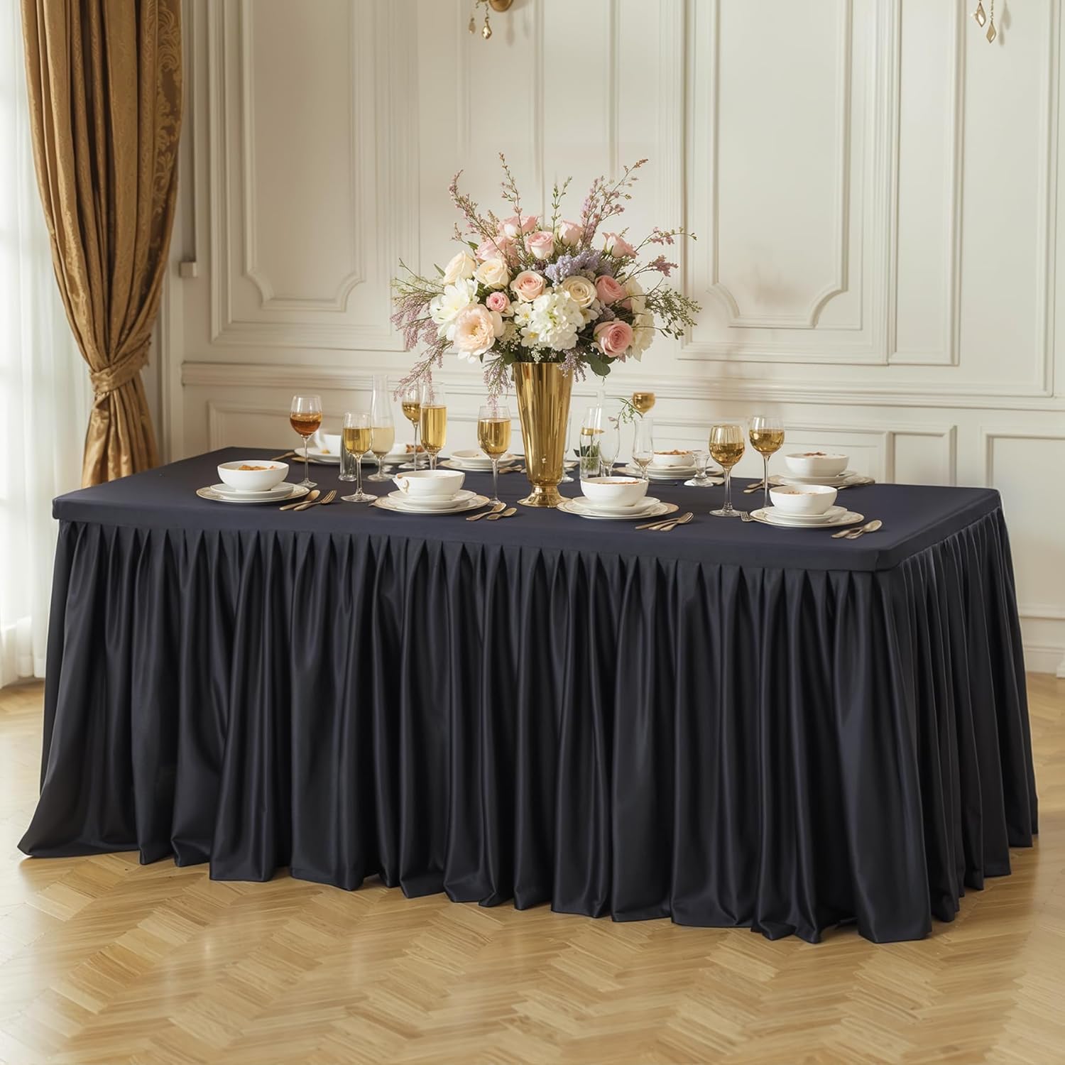 PARTISKY 6 Pack Black Tablecloths for Rectangle Tables 8ft, Wrinkle Resistant Black Table Cover Fitted Stretch Table Cloth with Pleated Ruffle Skirts for Party Banquet Dining Birthday Wedding