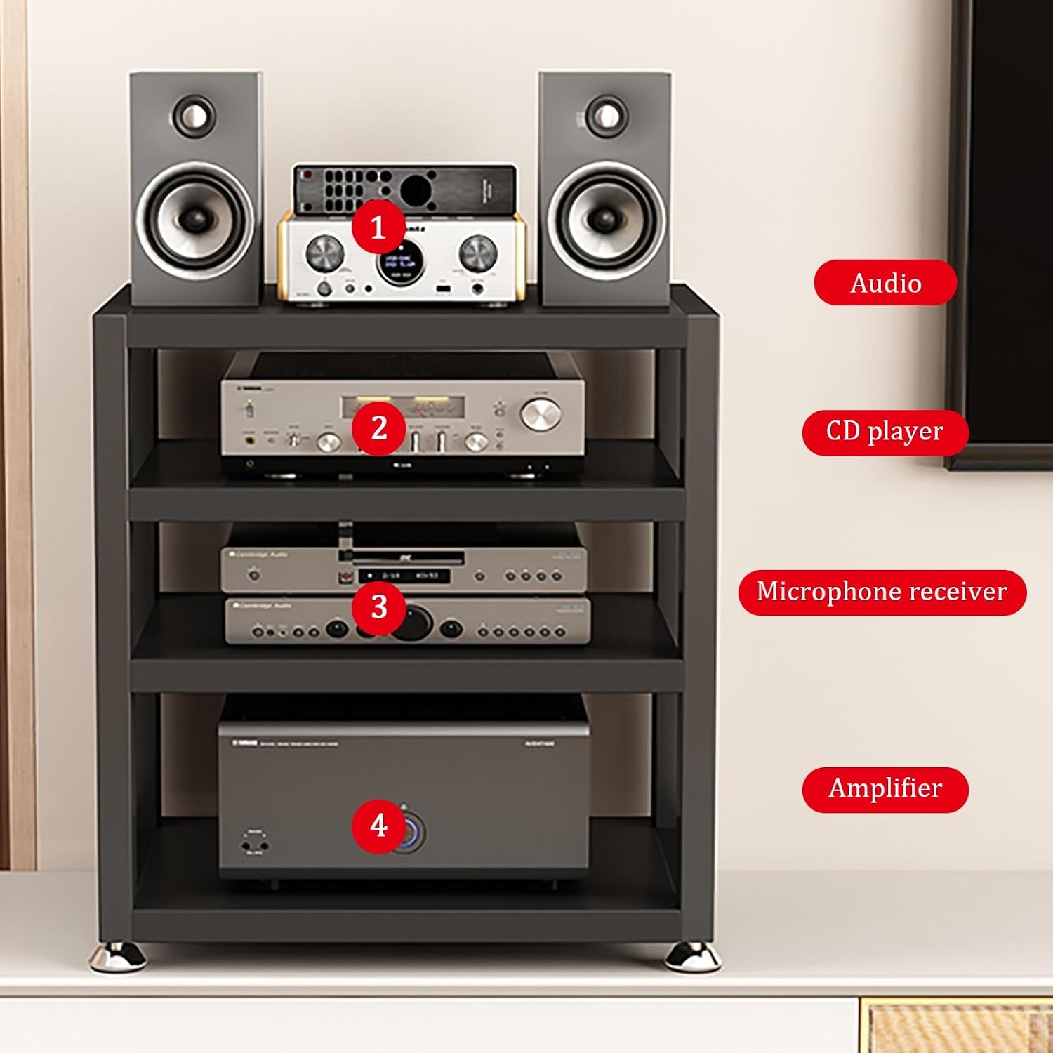 Black 3-Tier Audio Rack - Sturdy Stereo Stand, Multifunctional Media Storage Cabinet with Foot Pads, Open Design for Home Entertainment, 40x35x35.5cm