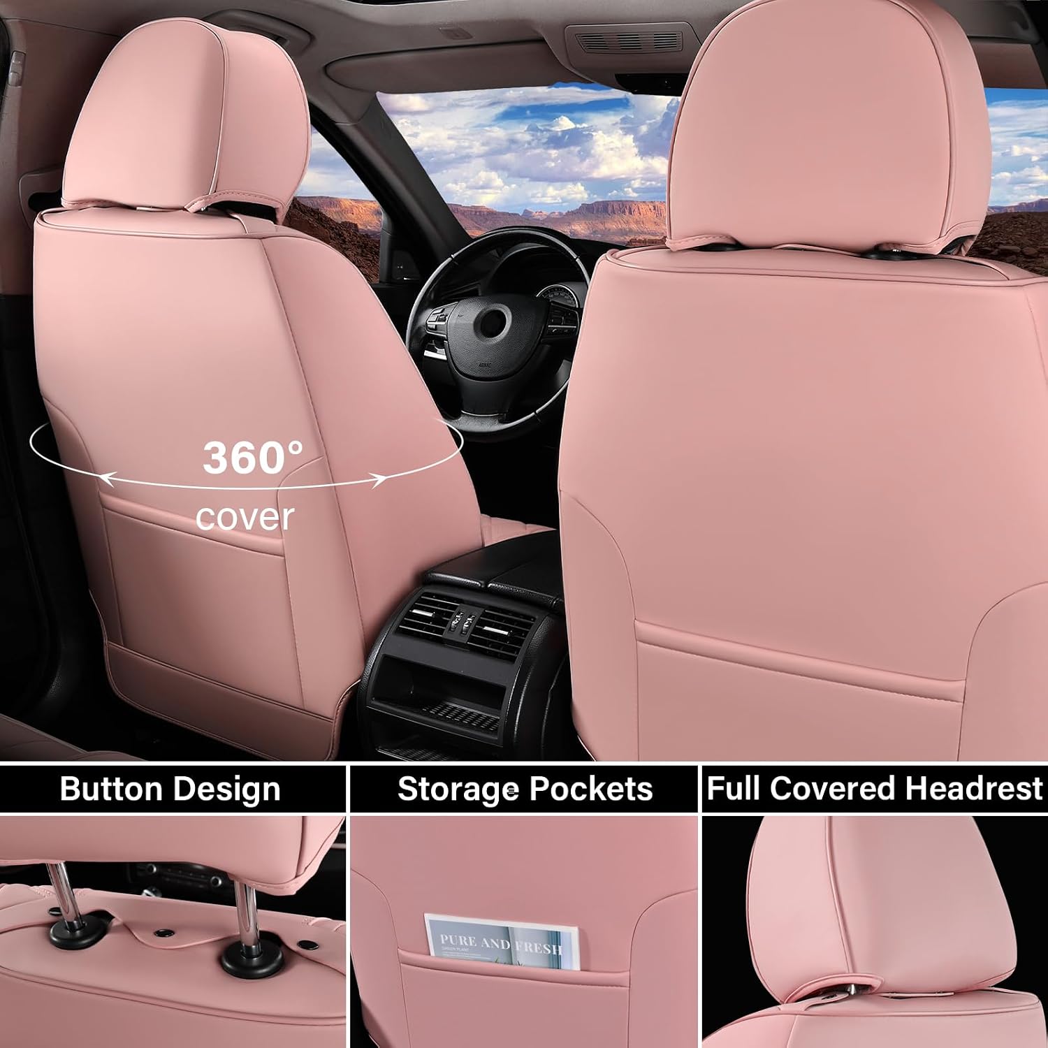 Coverado Car Seat Covers Front, Seat Covers for Cars, Waterproof 2-Pack Car Seat Cushions, Leather Carseat Seat Protectors, Universal Seat Covers Fit for Most Sedans SUV Pick-up Trucks(Pink&Grey)