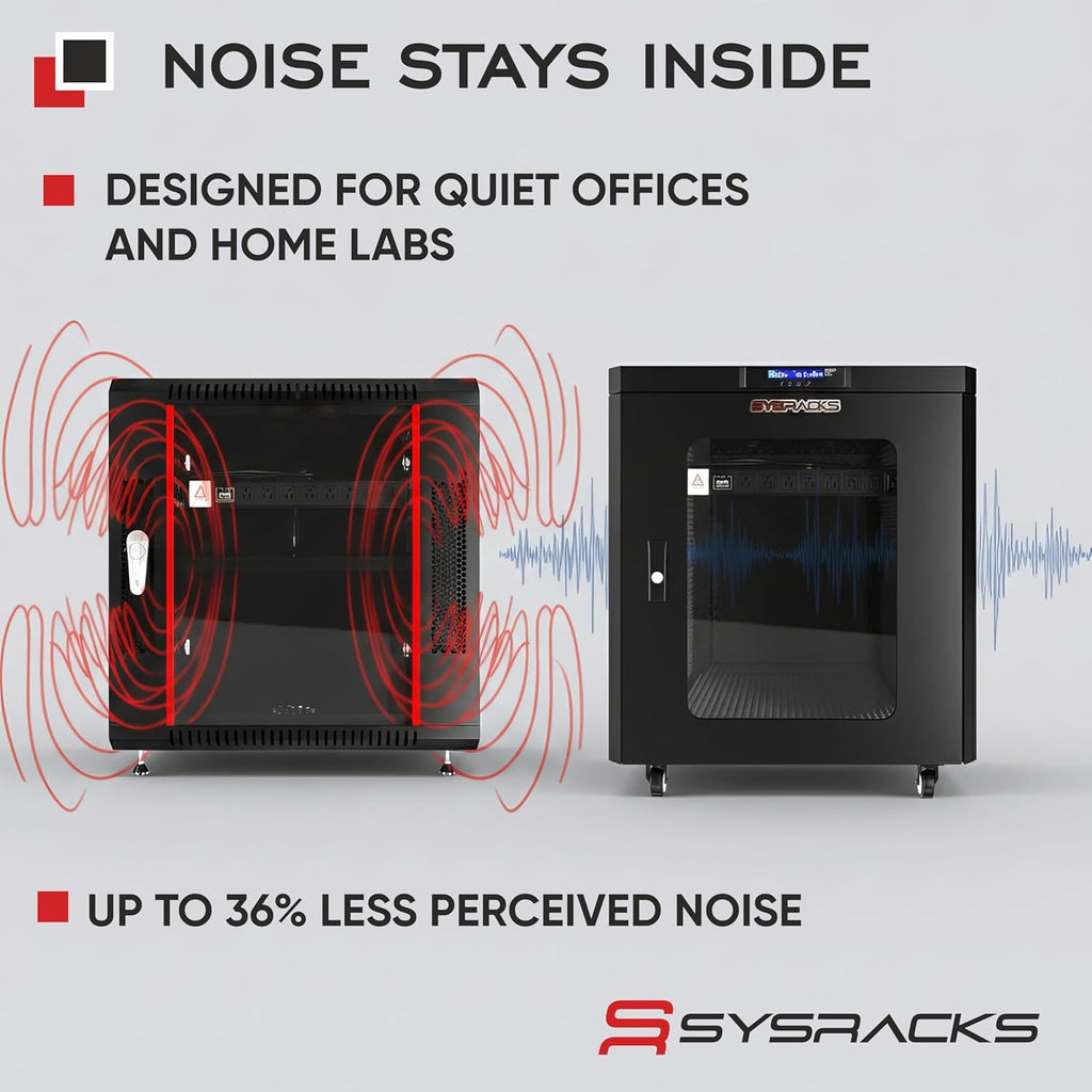 Soundproof Server Rack Cabinet – Quiet Acoustic 19' Network Enclosure with Dual Fans, Thermostat Control, Locking Glass Door, Floor Standing Rack (12U)