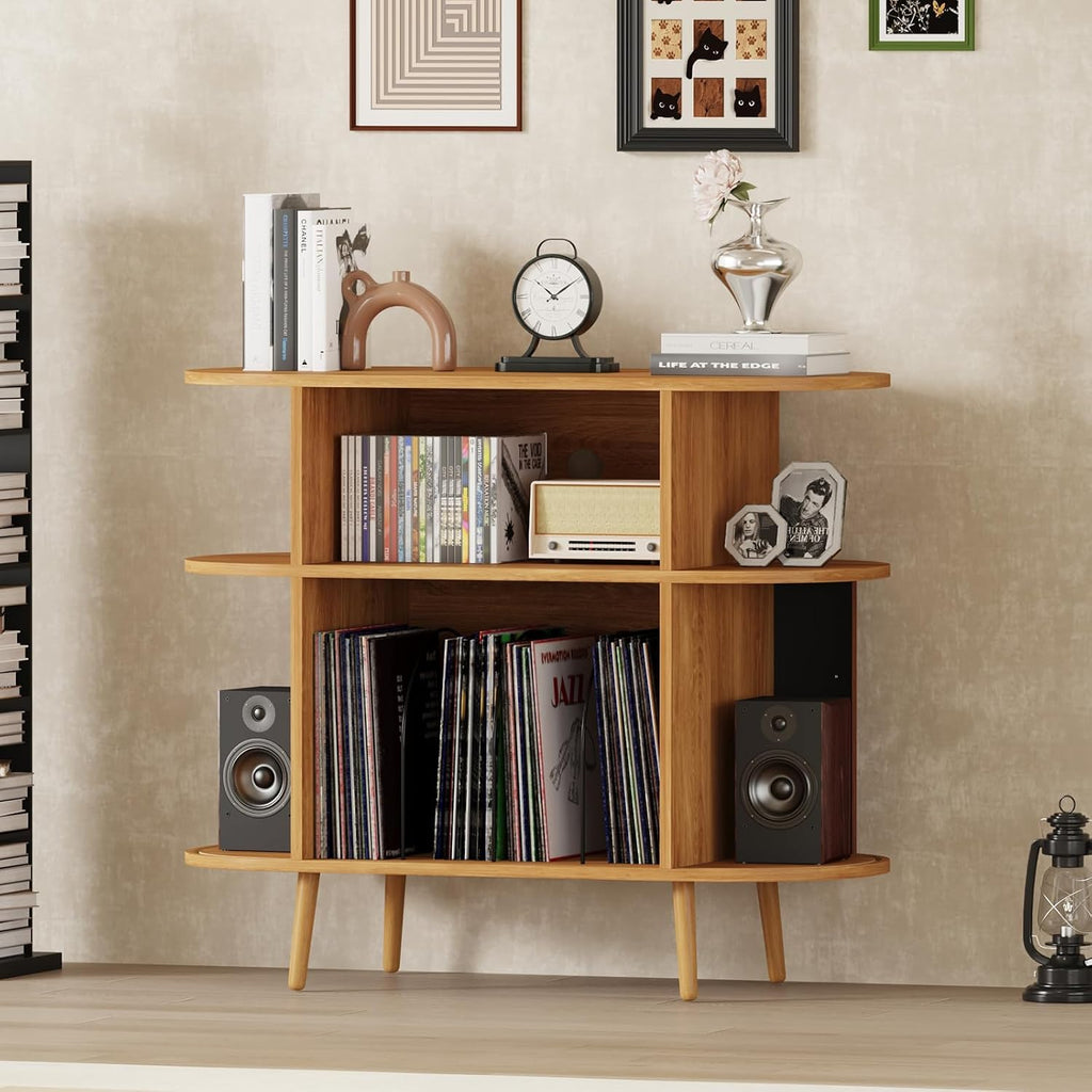 35.4' Record Player Stand with Storage - Vinyl Record Storage Cabinet & Media Console Holds 300+ Records, Mid Century Modern Turntable Stand for Living Room (Natural, 35.4')
