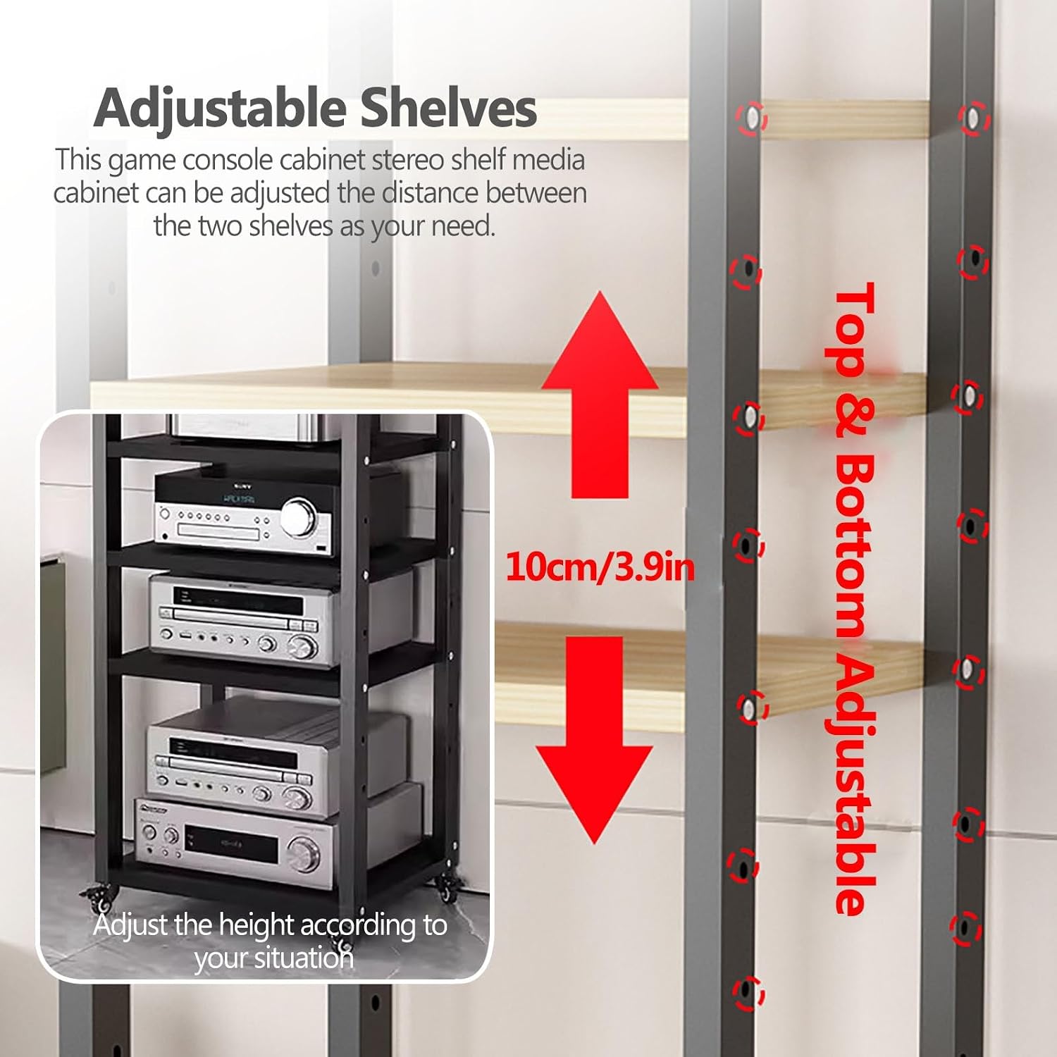 Stereo Rack System Cabinet - Height Adjustable with Rolling Wheels for Audio Equipment Storage in Home or Office