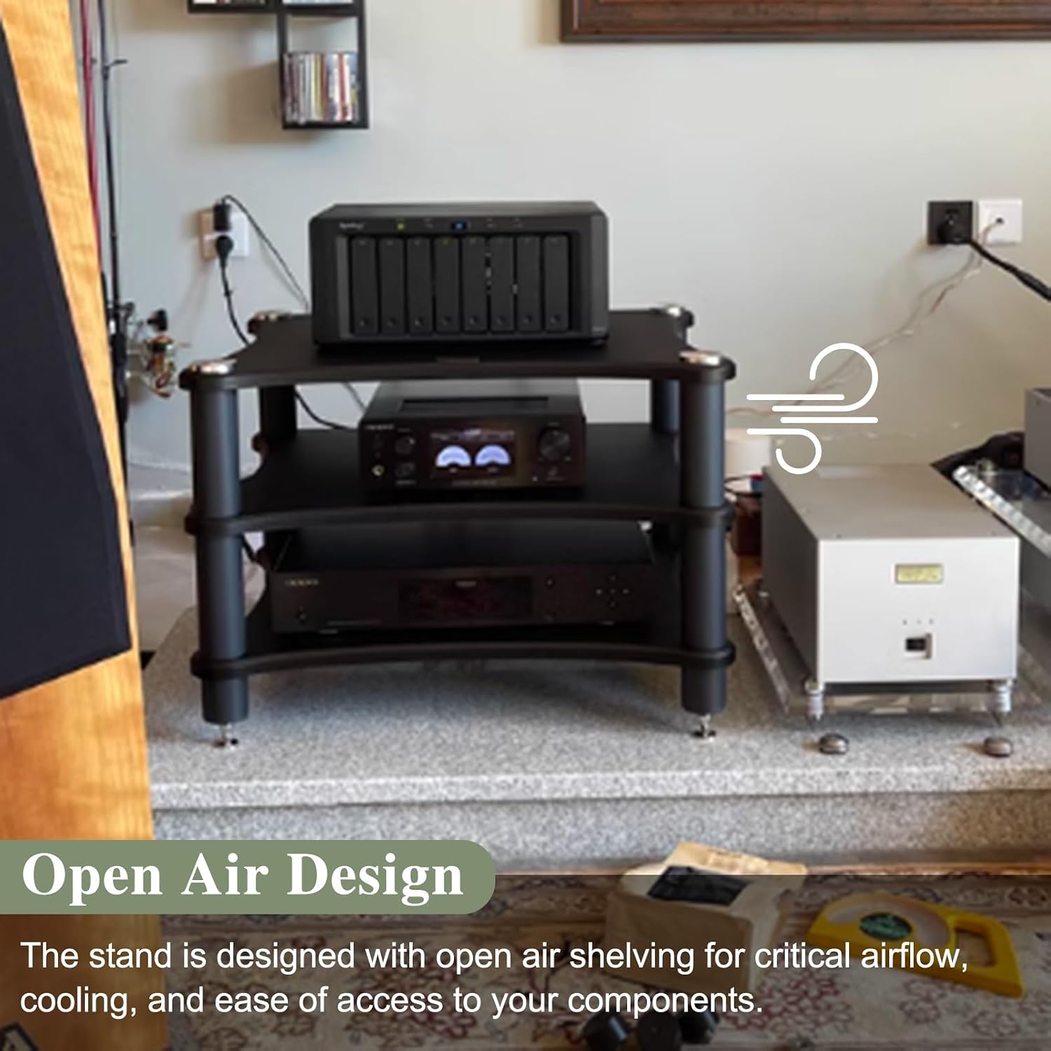 Audio Cabinet Rack 1-4 Tier Capacity Equipment Holders for Living Room, Large Storage AV Media Stand with 4 Steel Post, Vintage Furniture Stereo Cabinet Audio Rack Tower(3 Tier)