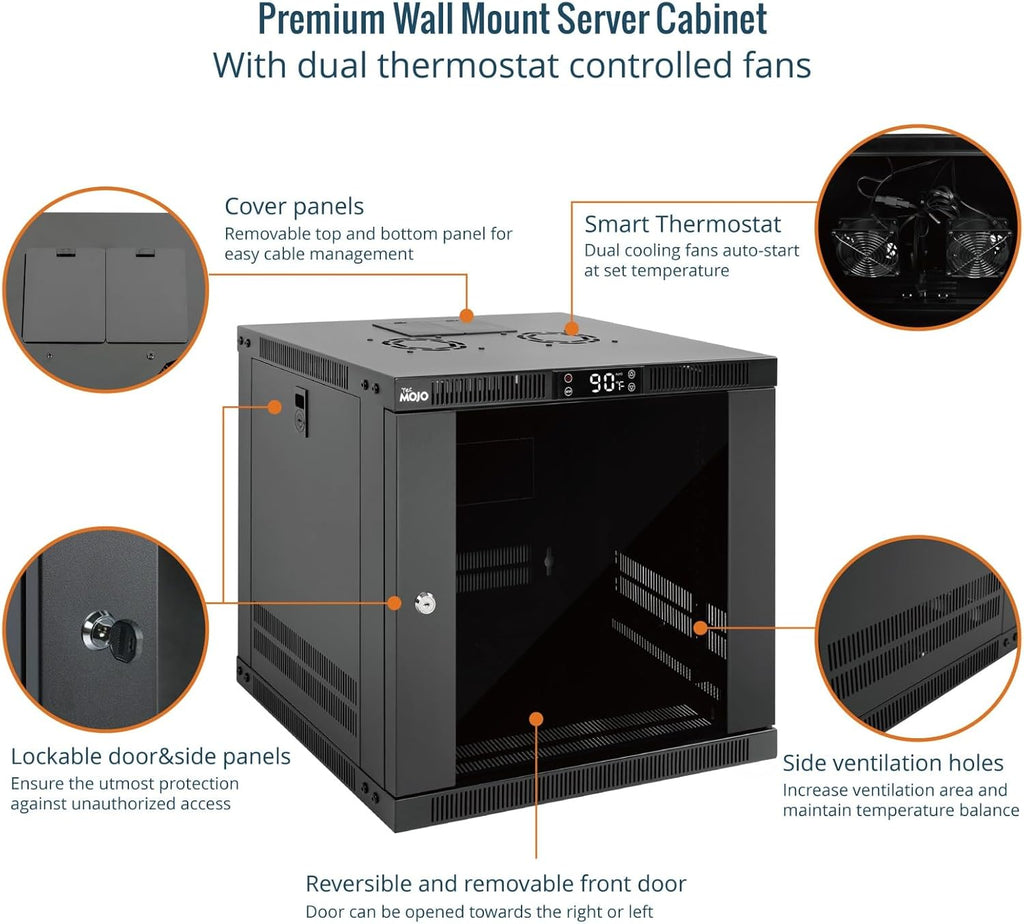 Tecmojo 9U Wall Mount Rack with Thermostat, 17.7inch Depth Enclosed Server Cabinet with 2 Cooling Fans,Lockable Door & Hardware,9U Rack for 19inch Equipments,Glass Door
