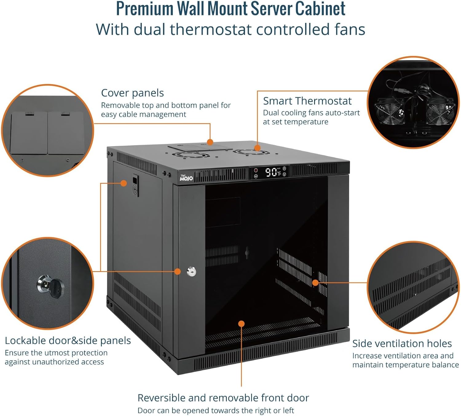 Tecmojo 9U Wall Mount Rack with Thermostat, 17.7inch Depth Enclosed Server Cabinet with 2 Cooling Fans,Lockable Door & Hardware,9U Rack for 19inch Equipments,Glass Door