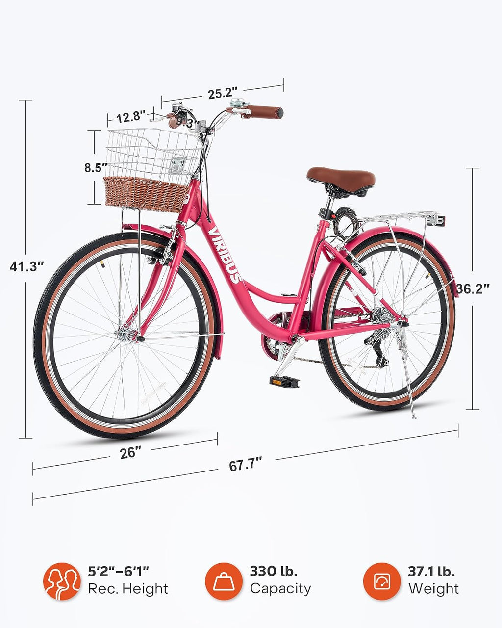 VIRIBUS Womens Cruiser Bike, 7 Speed Beach Cruiser Bike for Women, 26 inch Women Bicycle with Rattan Basket, City Commuter Vintage Retro Step Through Bicycle for Female Ladies Seniors, 330 Lb.