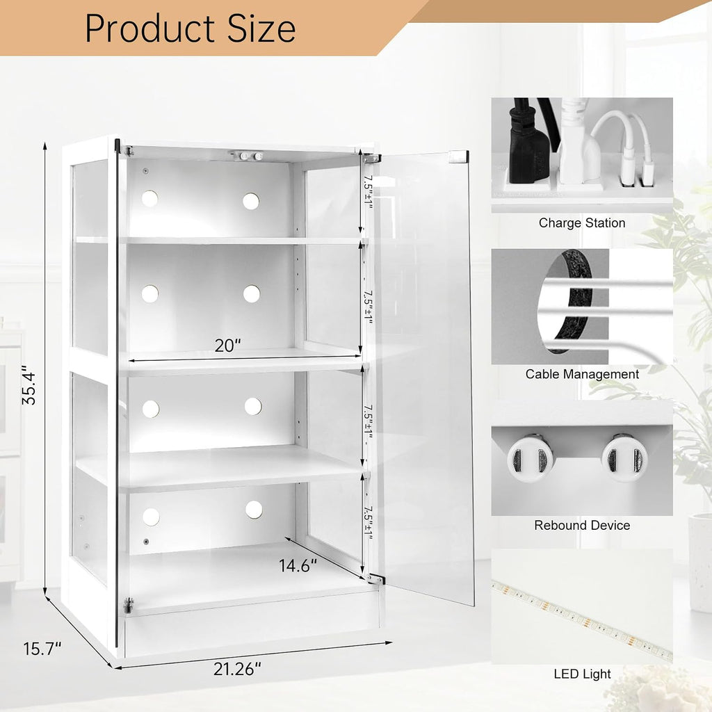 Qupui 4-Tier Media Cabinet with LED Lighting, Audio/Video Stand Featuring Built-in USB Ports and Electrical Outlets, Designed for Living Rooms and Gaming Spaces, Glass Doors