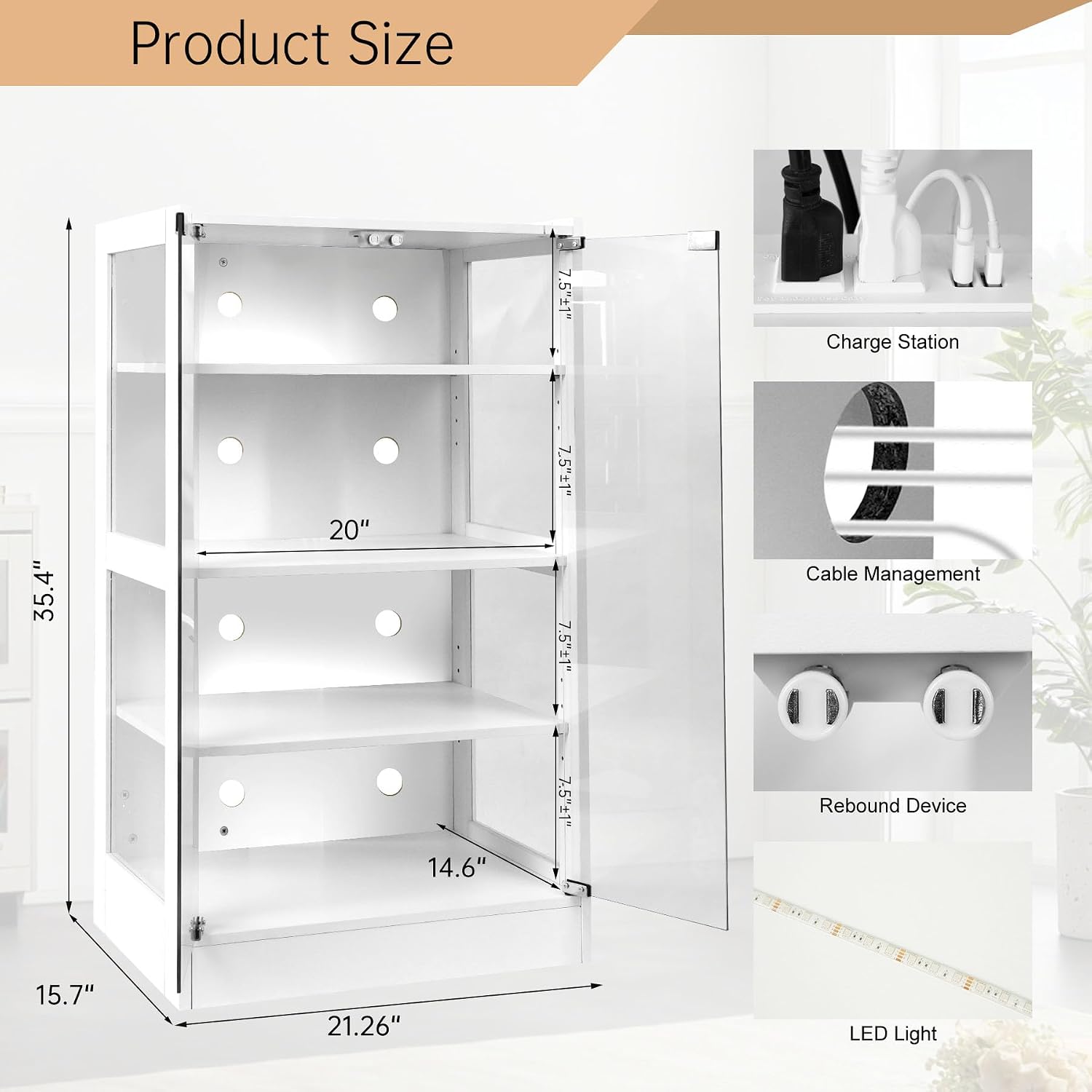 Qupui 4-Tier Media Cabinet with LED Lighting, Audio/Video Stand Featuring Built-in USB Ports and Electrical Outlets, Designed for Living Rooms and Gaming Spaces, Glass Doors
