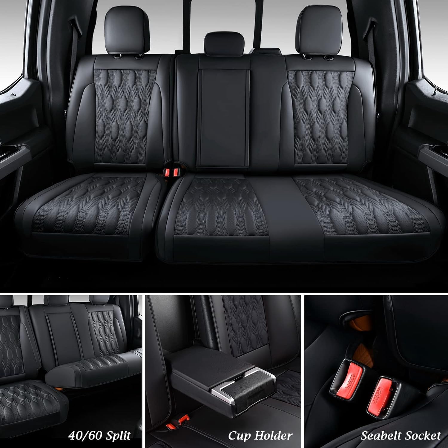 Coverado Rear Leather Seat Covers for Ford F150 2015-2026, F250 F350 F450 2017-2026, Car SUV Pickup Truck Seat Protection, Black