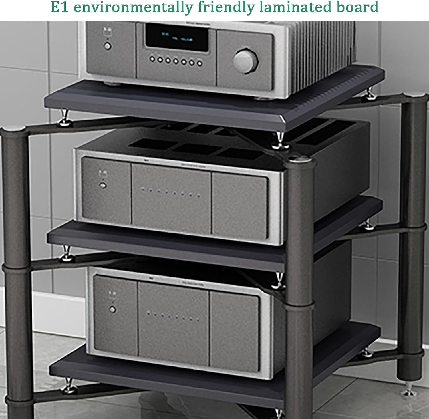 Modern Black Media Stand Entertainment Center With Metal Frame Corner Shelf Audio Rack Storage Cabinet For Audio Video Equipment Shock Absorbing Nails 3 Tier 70X70X75Cm,Silver,1 tier 70x70x15CM