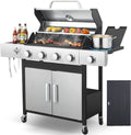 Propane Gas Grill 4 Burner, 49,000 BTU Outdoor BBQ Grill with Side Burner, Porcelain Cast Iron Grates & Stainless Steel, Fast Heating for Backyard, Camping, Tailgating