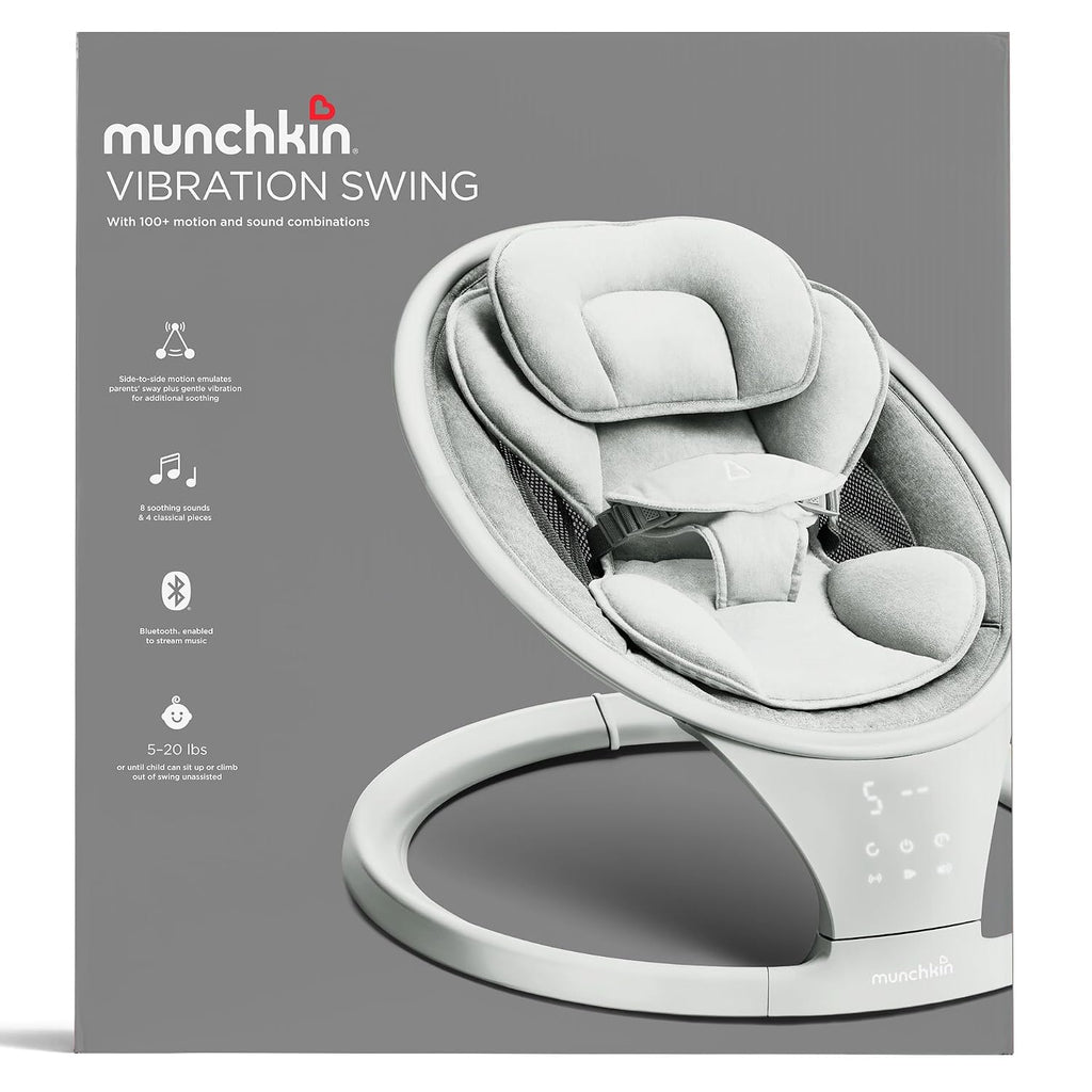 Munchkin Electric Baby Swing with Vibration - Portable Swing for Newborn and Infant, Bluetooth-Enabled Smart Seat with Music, Motion, and Sounds, Light Grey