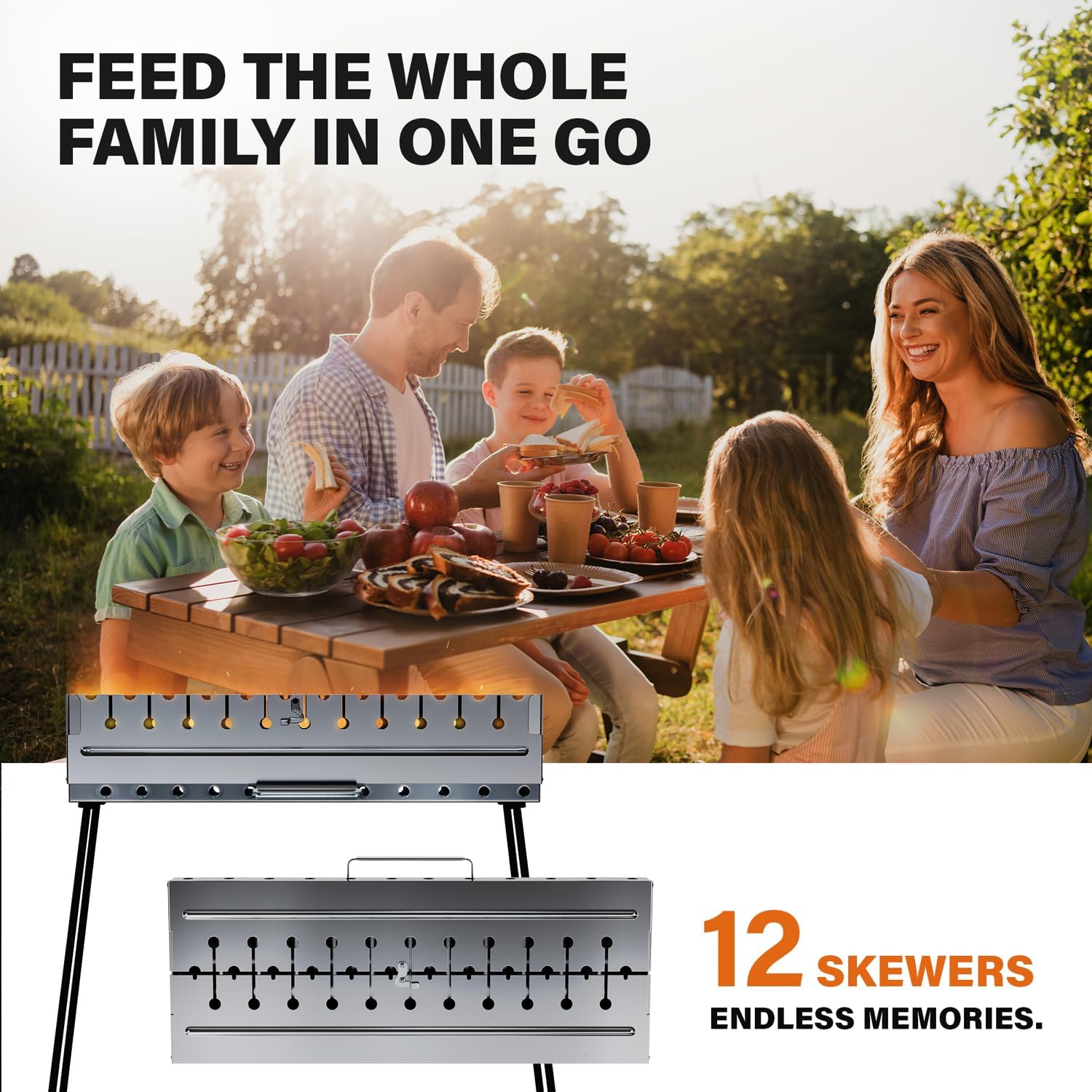 Stainless Steel Charcoal Grill for 12 Skewers – Portable BBQ 24.80'×9.45'×25.2' – Foldable Kabob Mangal – Heavy-Duty Rustproof Grill for Outdoor (Skewers Not Included)