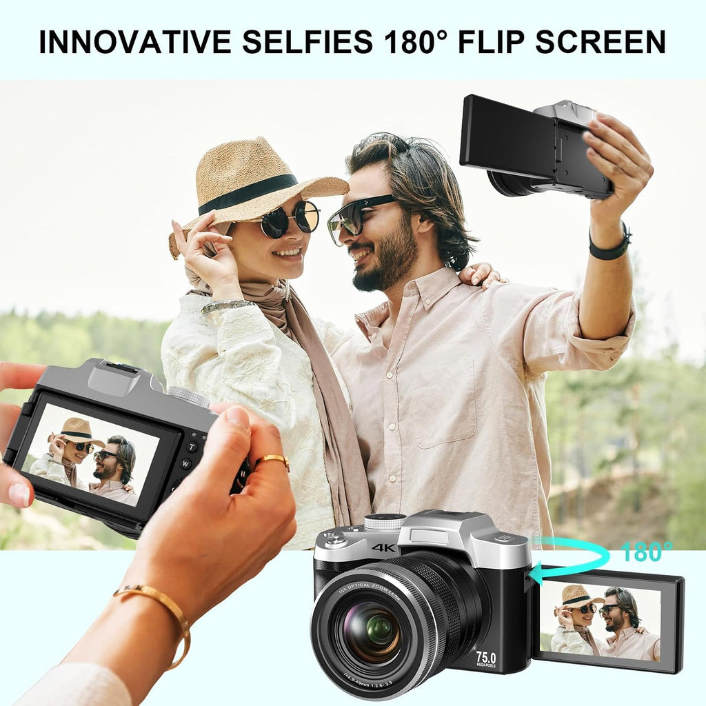 Yatao Cameras for Photography & Vlogging,75MP 4K Digital Camera with Flip Touchscreen, 10X Optical Zoom, WiFi, 64GB TF Card, Card Reader, Compact YouTube Camera for Travel, Beginners, Creators