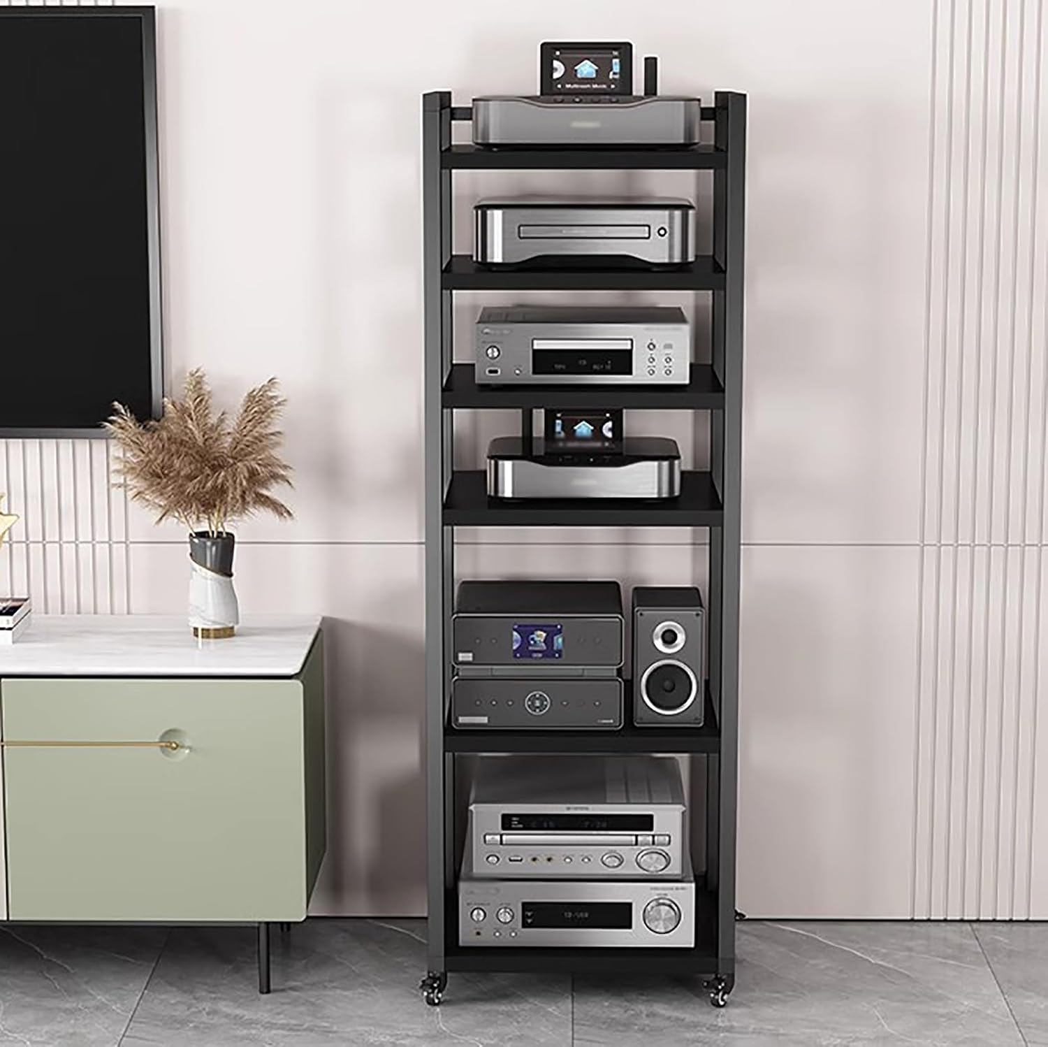 JYHHCYS Tall Stereo Racks and Stands on Wheels Media Storage Cabinet Rack, Black Modern Entertainment Stereo Components Stand, Audio Video Equipment Rack (Size : 6 tier-50cm Wide)