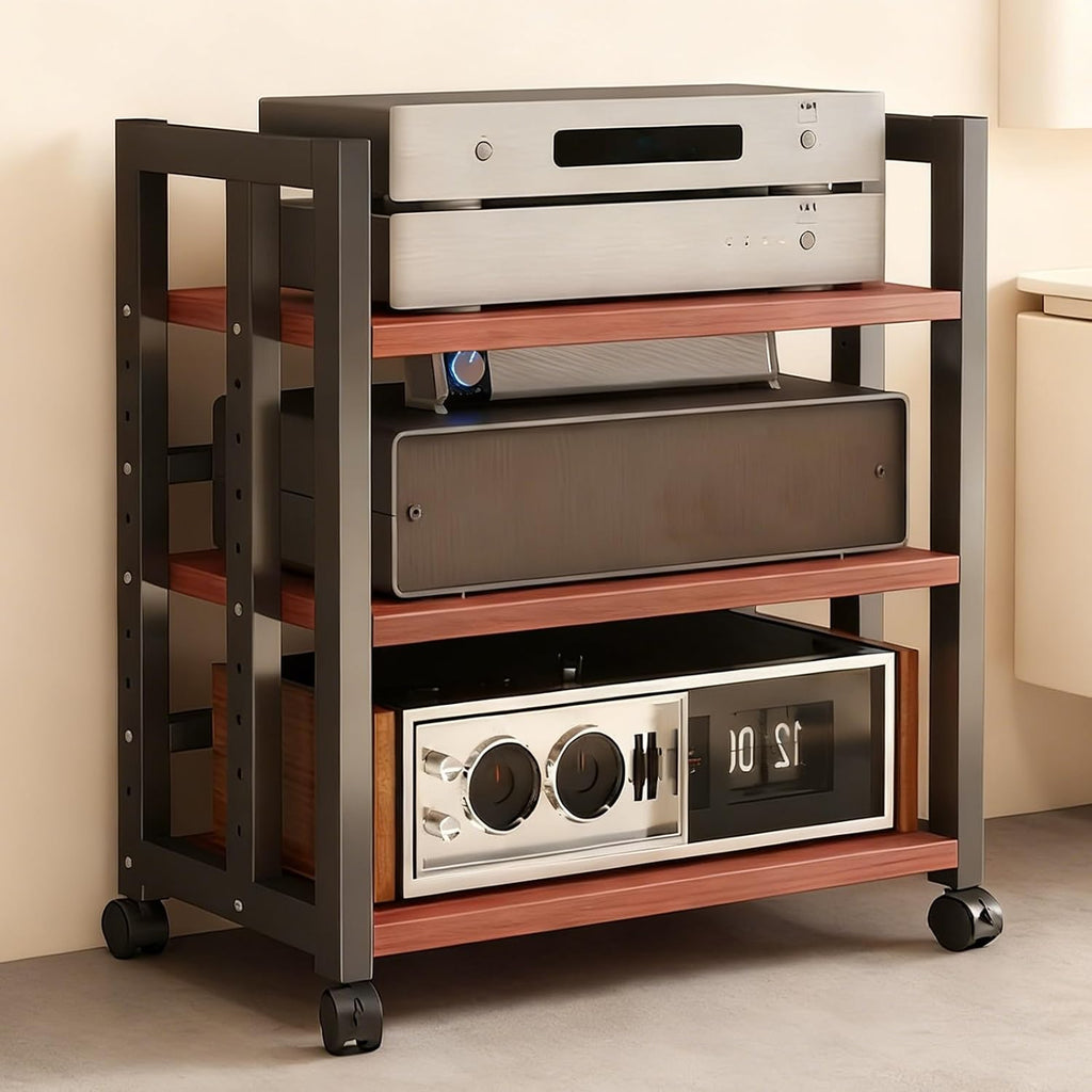 3-Tier Adjustable Audio Rack with Rolling Wheels - Heavy-Duty Media Stand for Amplifiers, Receivers & Turntables - 40cm (15.7in) Storage Solution for Home Theater