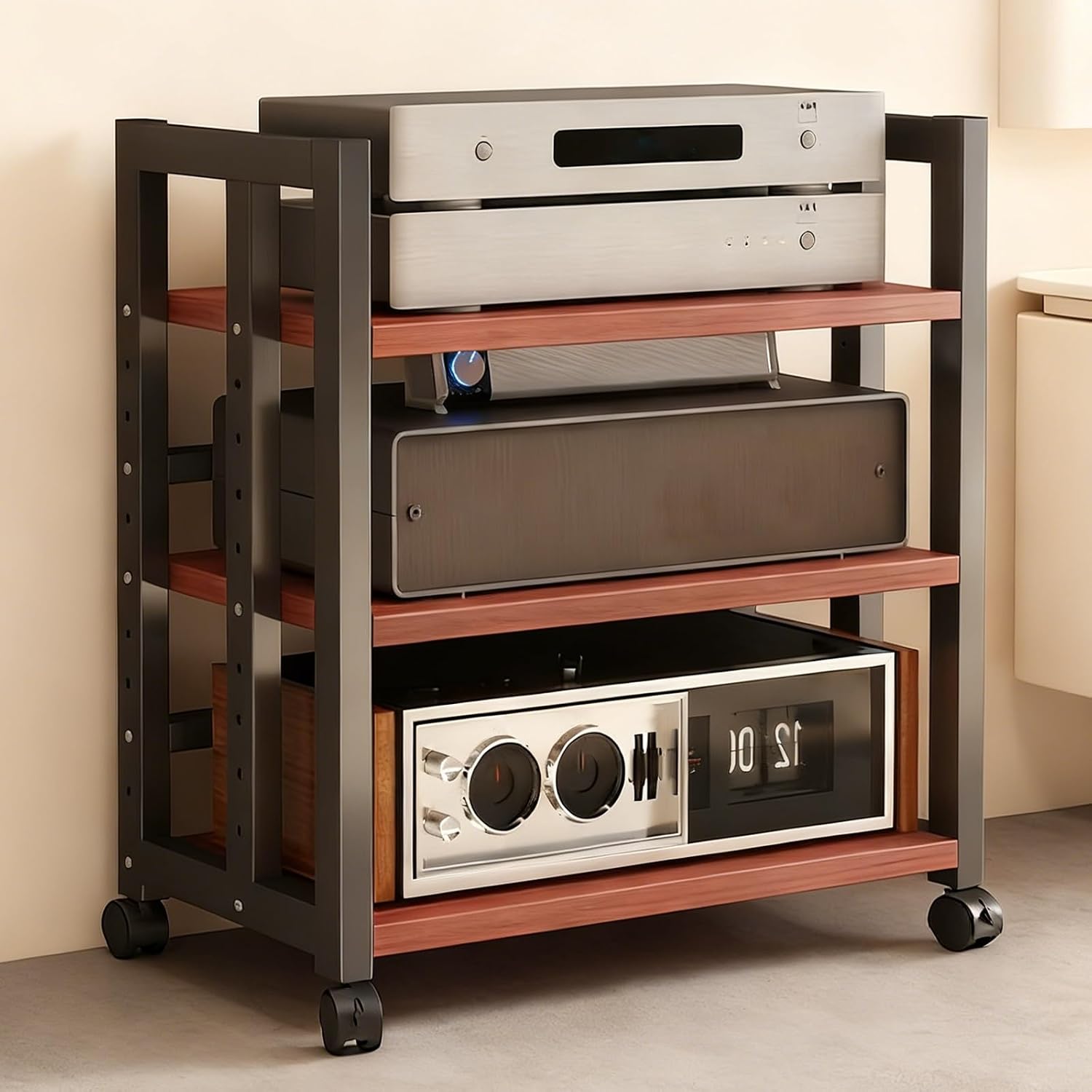 3-Tier Adjustable Audio Rack with Rolling Wheels - Heavy-Duty Media Stand for Amplifiers, Receivers & Turntables - 40cm (15.7in) Storage Solution for Home Theater