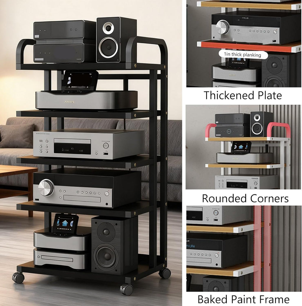 3/4/5-Tier Adjustable Open AV Media Stand, Heavy Duty Audio Equipment Shelf with Wheels, Movable Audio Rack for Stereo, Speakers & Home Theater Components(Black