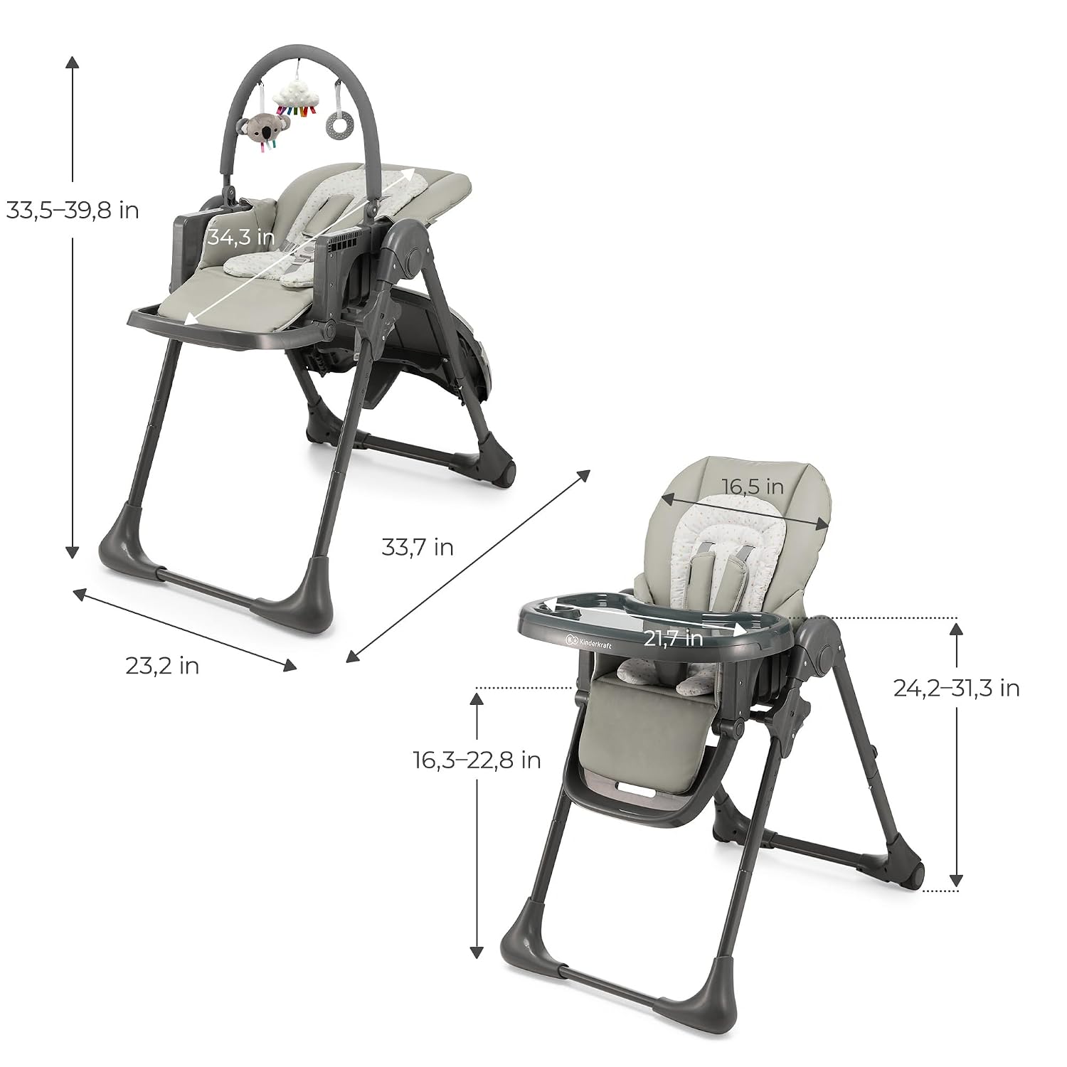 Kinderkraft Tummie, 2-in-1 high Chair, Baby Chair, Ergonomic, Comfortable, Reclining, Foldable, with Ajustable Height, Footrest, Detachable Tray, for Toddler, with Toys, Gray